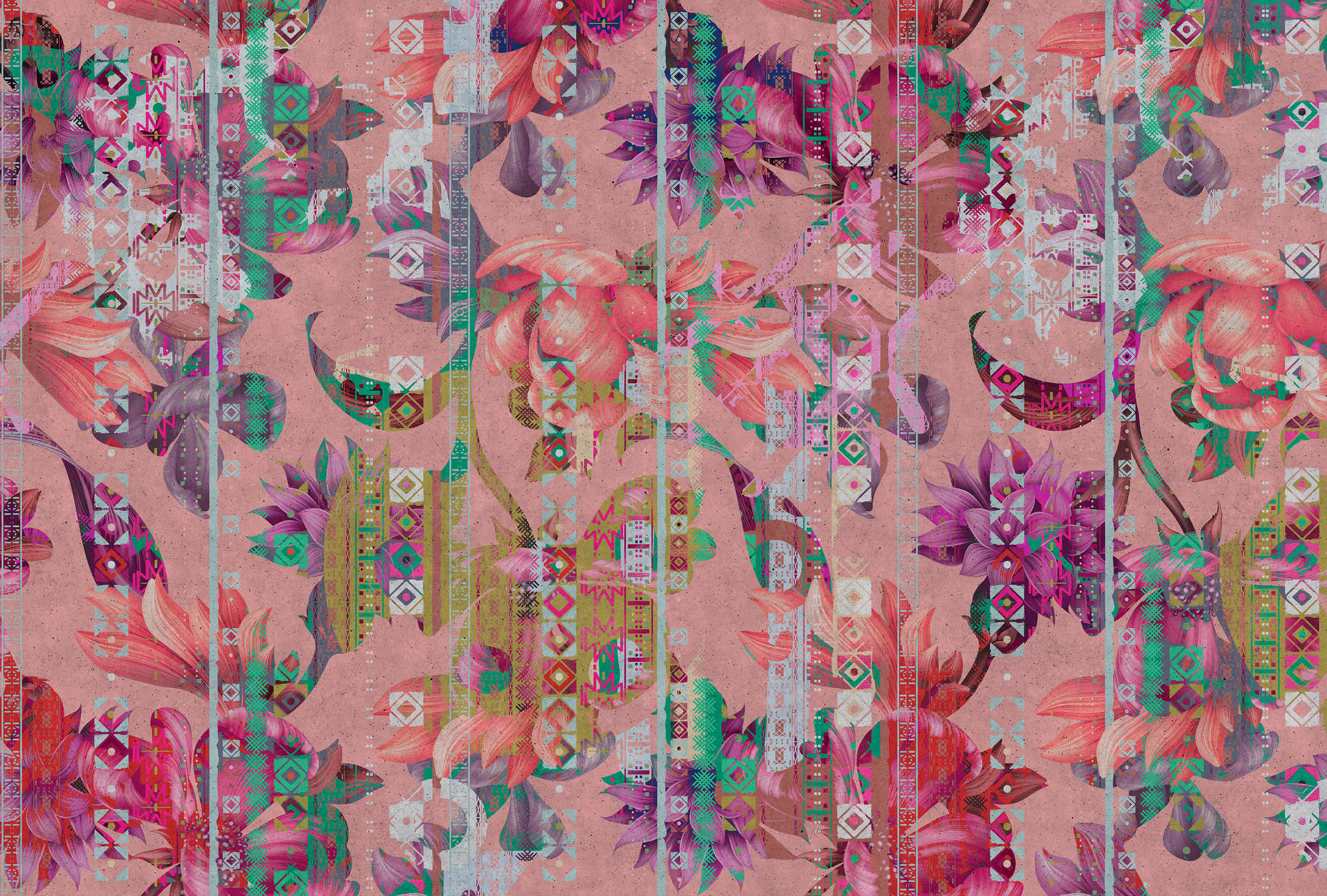             Photo wallpaper birds and plants pattern - pink, green
        