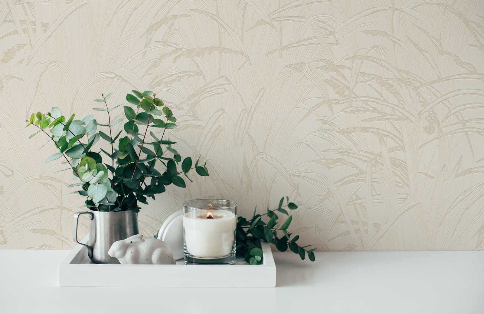             Papel pintado naturaleza hojas de caña con color metálico - beige, crema
        