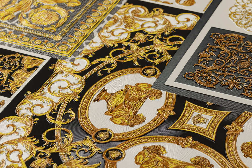             Papel pintado VERSACE Home detalles barrocos y estampado animal - oro, plata, negro
        