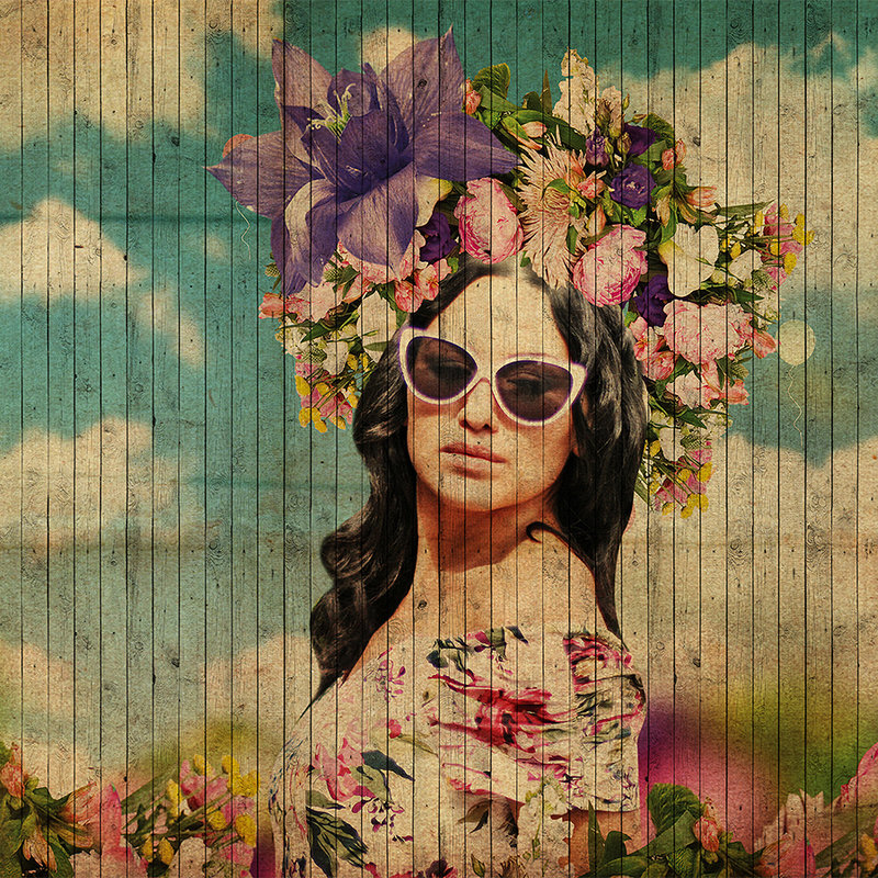 Havana 1 - Papel pintado fotomural Mujer joven en el prado de flores con estructura de paneles de madera - Beige, Azul | Tejido sin tejer liso mate

