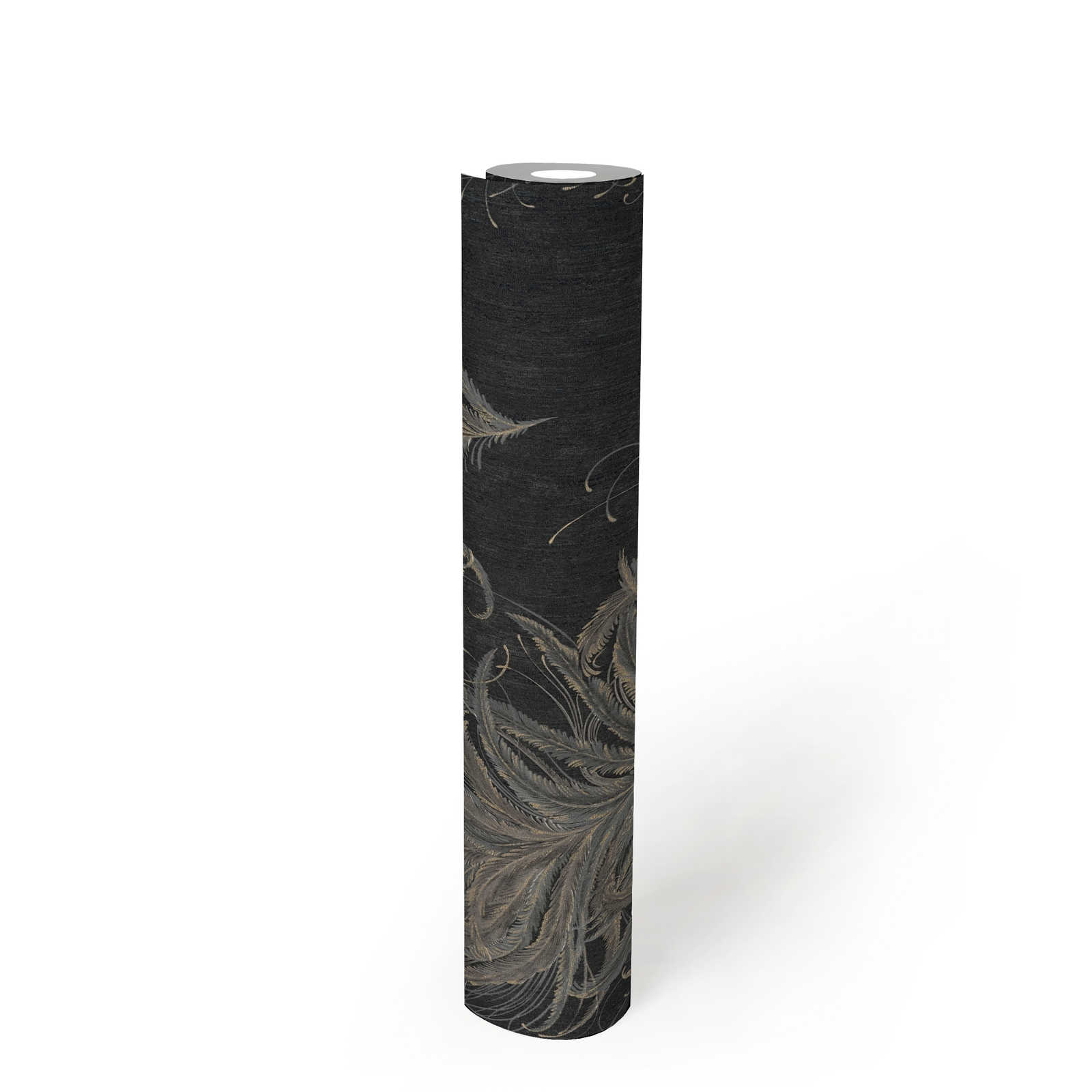             Black non-woven wallpaper with feathers in metallic colours
        