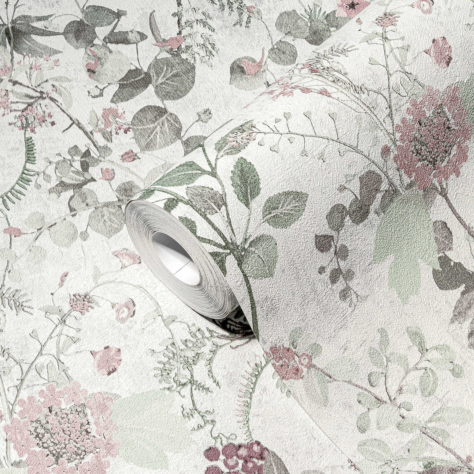             Nature wallpaper with floral pattern - grey, green, pink
        