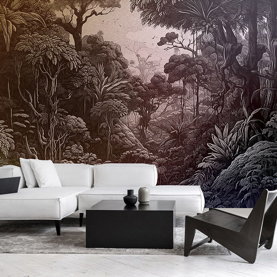 Photo wallpaper »liana« - Jungle design with colour gradient - orange, violet, grey-green | matt, smooth non-woven fabric
