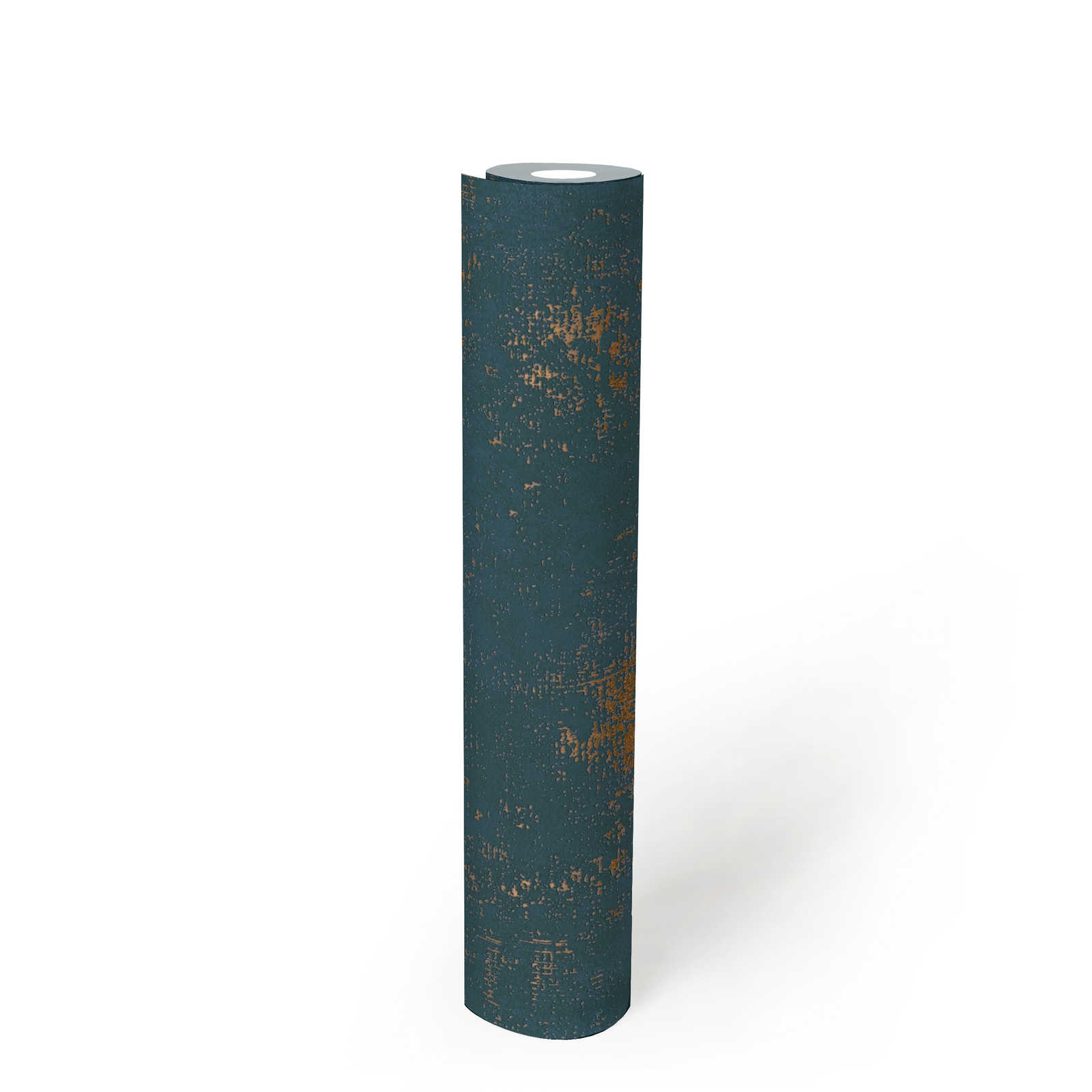             Papier peint bleu avec accent métallique doré et détails structurés
        