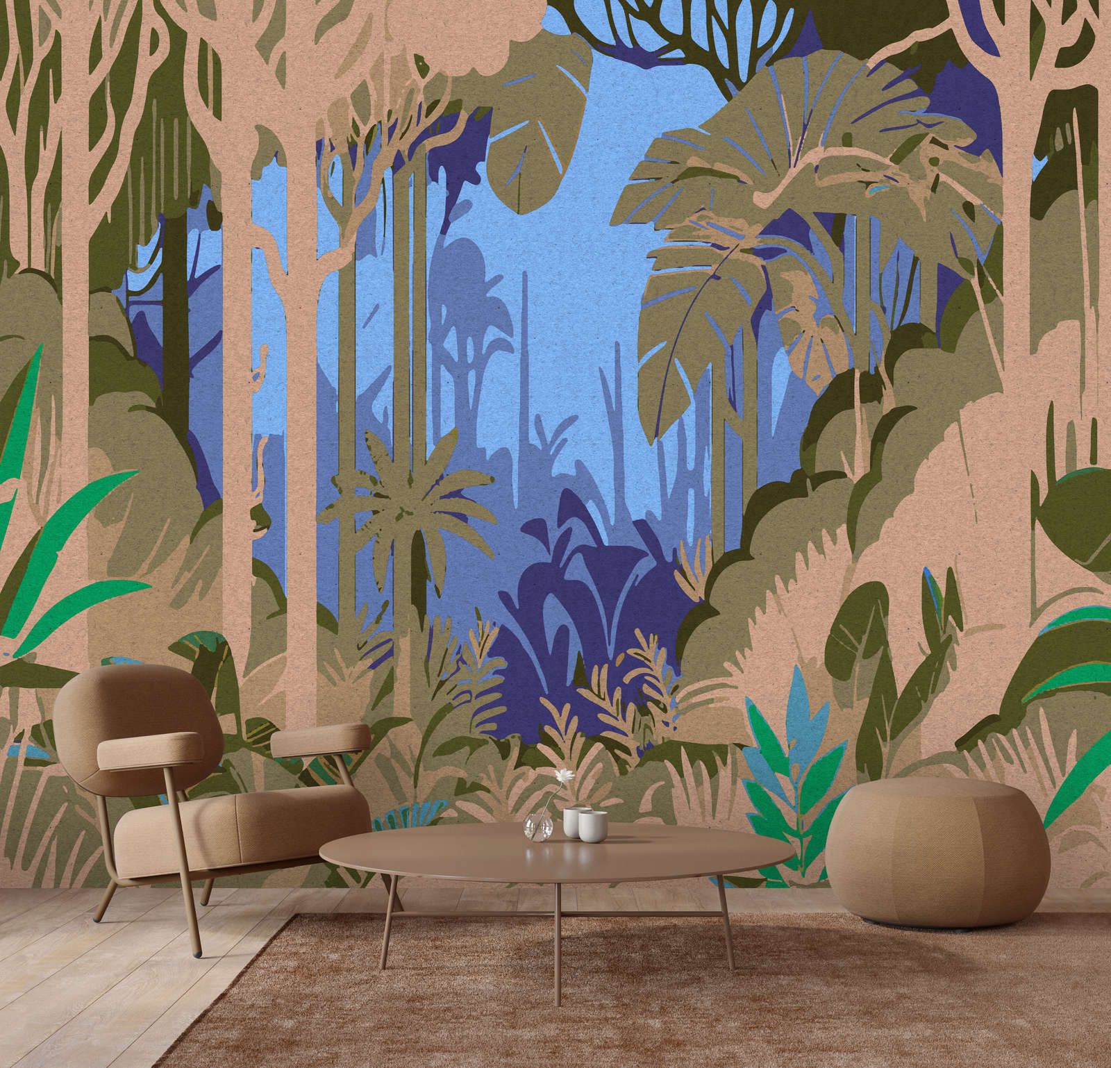            Photo wallpaper »azura« - Abstract jungle motif with kraft paper texture - Smooth, slightly pearlescent non-woven fabric
        