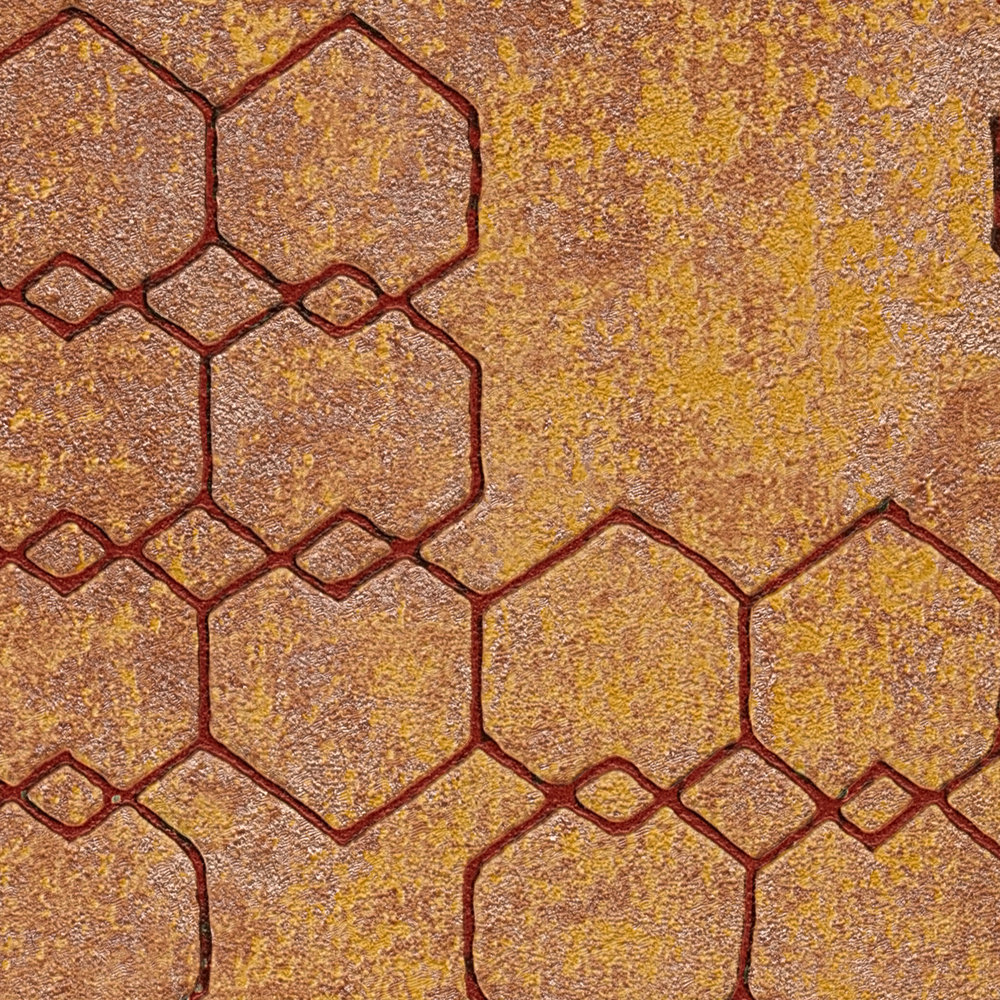             Geometrisch patroonbehang in industriële stijl - oranje, goud, bruin
        