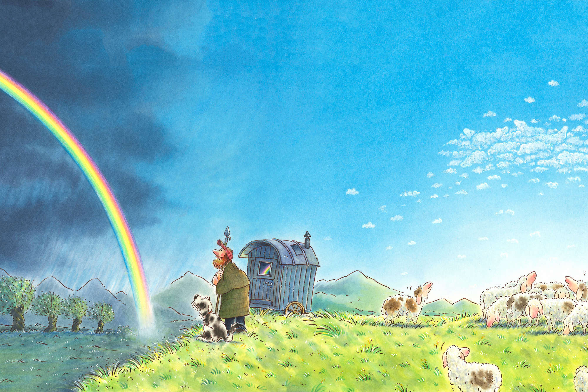             Papel pintado infantil Pastor con perro y arco iris sobre vellón liso mate
        
