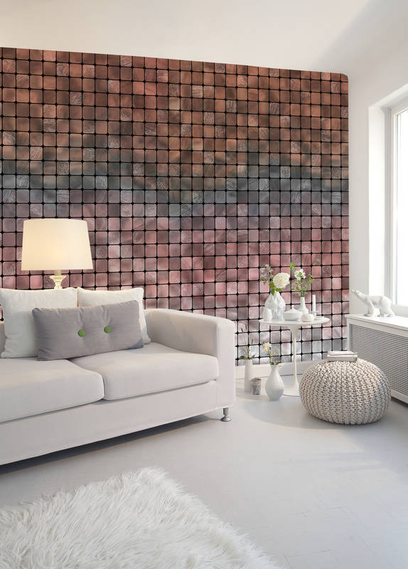             Mosaic mural with tiles & cuboid grid - brown, blue, pink
        
