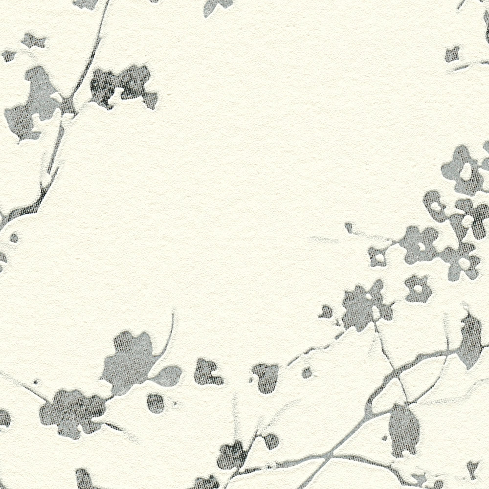             Non-woven wallpaper with flowers in country style - silver, black, white
        