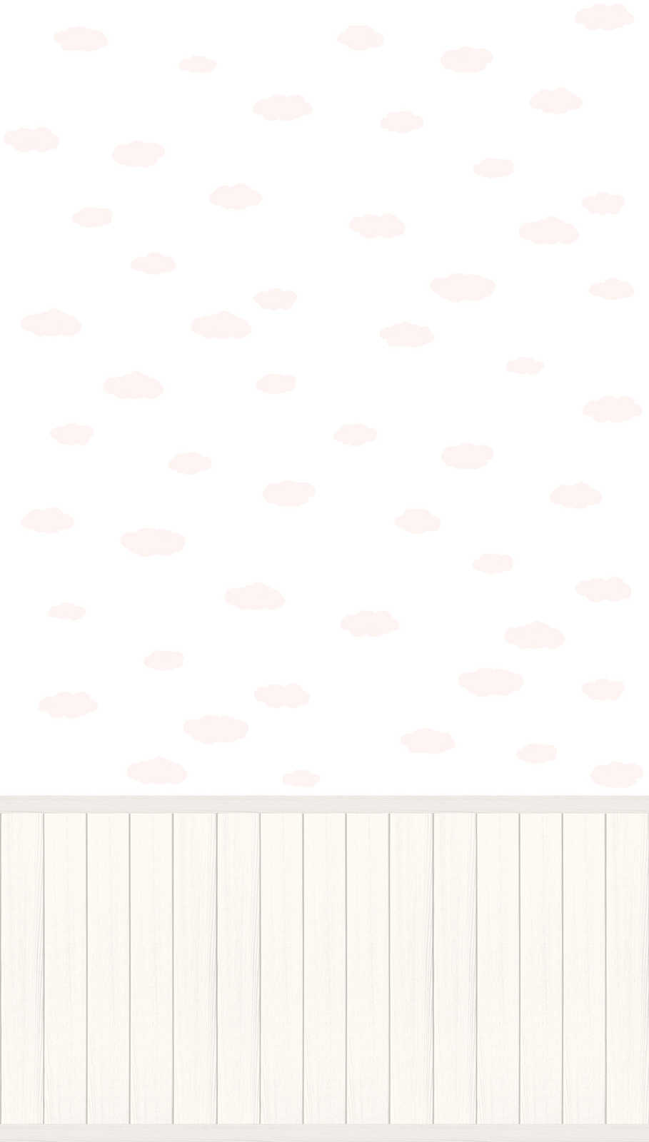             Non-woven motif wallpaper with wood-effect plinth border and cloud pattern - white, pink, grey
        