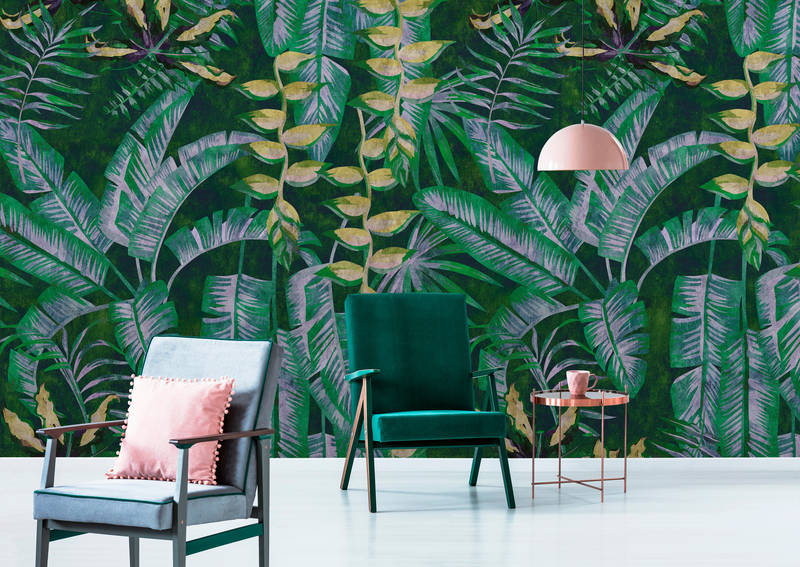             Tropicana 2 - digital print wallpaper with tropical plants in blotting paper structure - yellow, green | matt smooth non-woven
        