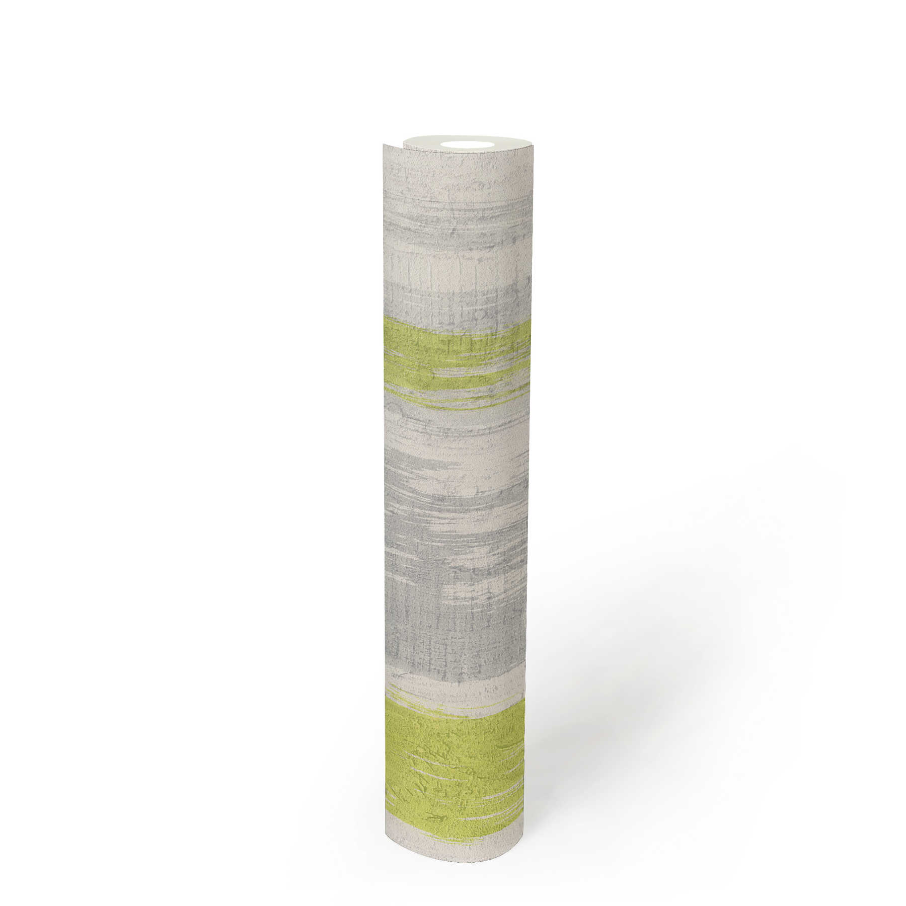             Papel pintado a rayas con estructura de yeso y acento de color - gris, verde, amarillo
        