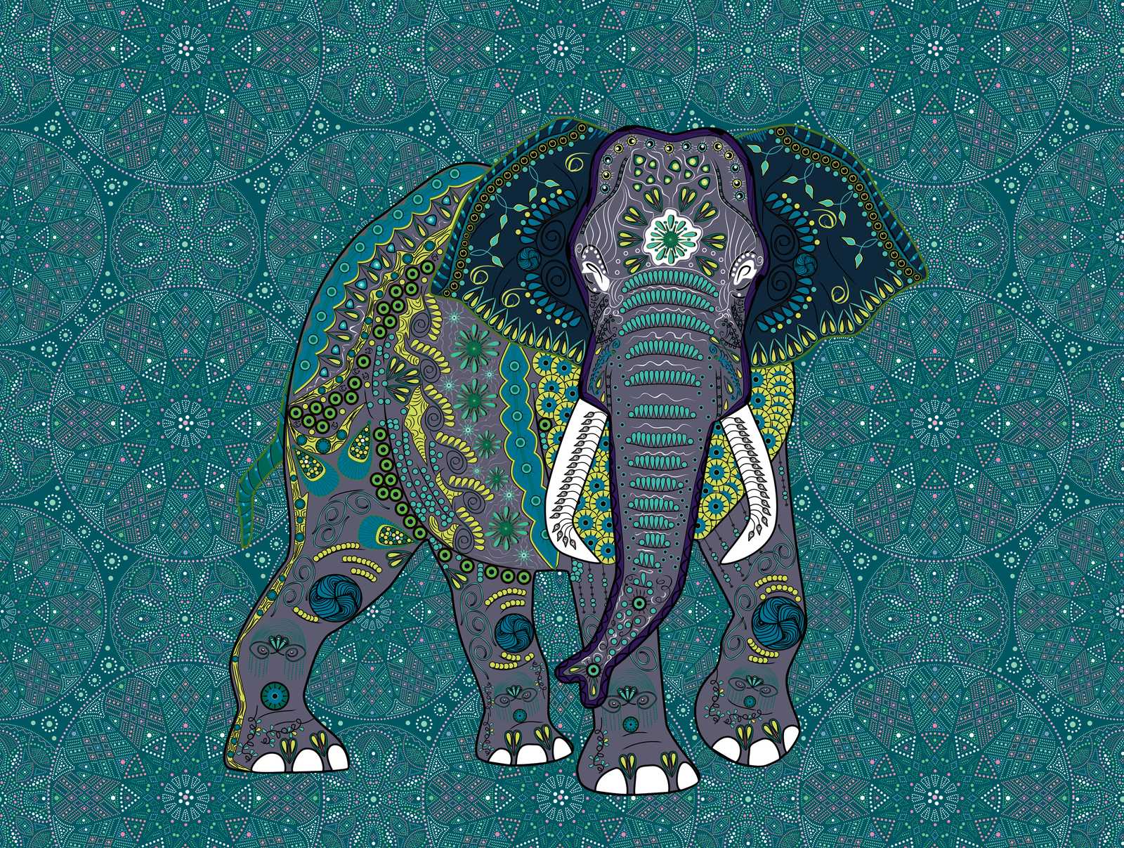             Carta da parati novità | Carta da parati Elephant motivo Mandala in stile indiano
        