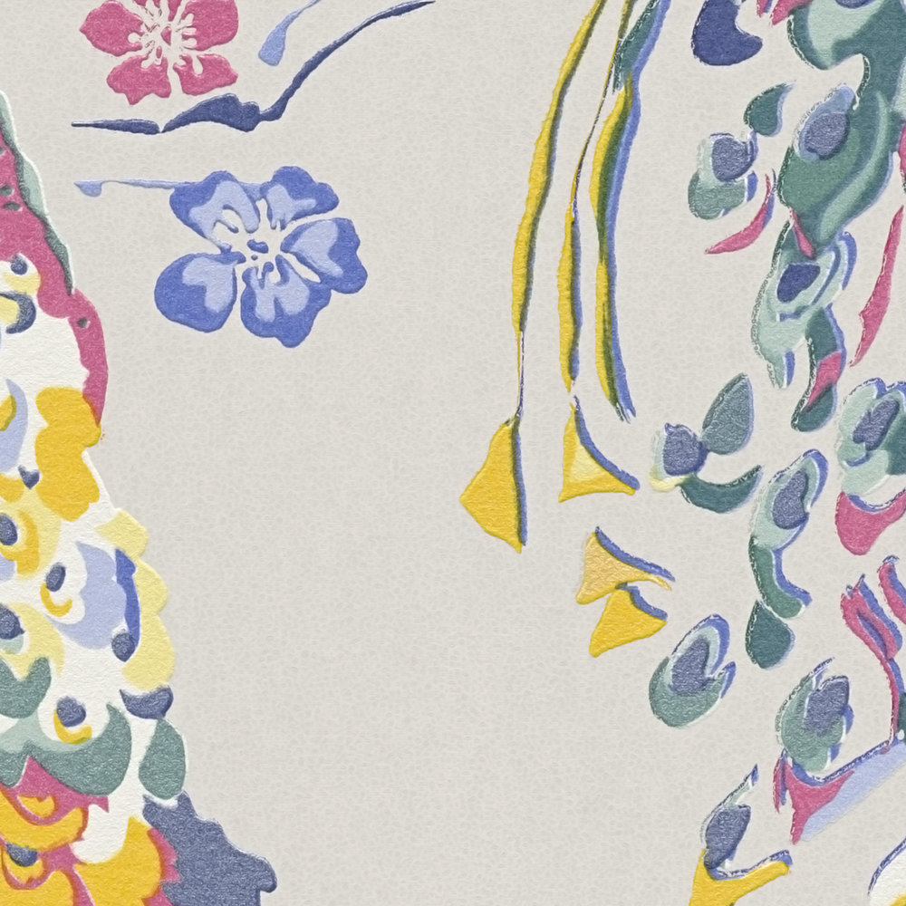             Papier peint à motifs avec motif de paon et effet brillant - beige, bleu, multicolore
        