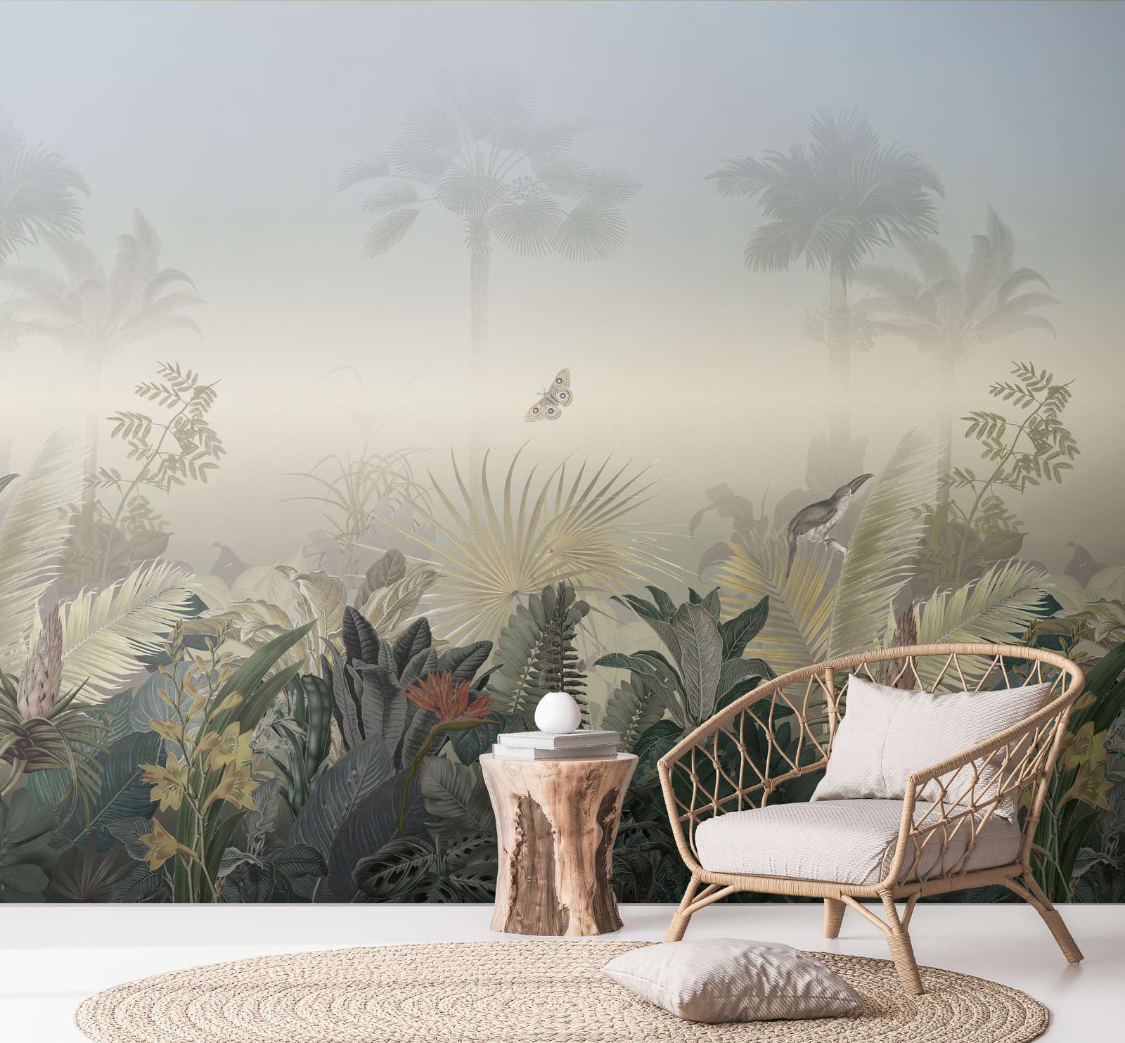             Jungle motif wallpaper with animals in the mist - colourful, blue, green
        