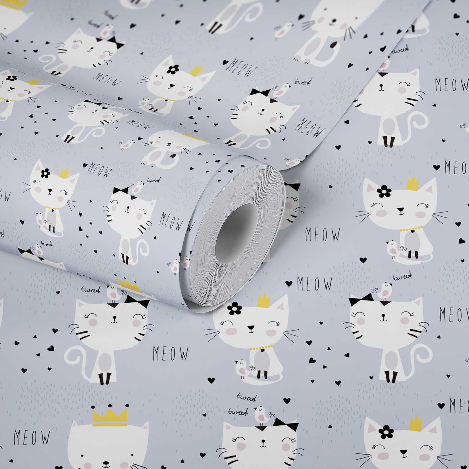             Papier peint chambre enfant motif chat - gris, blanc, noir
        