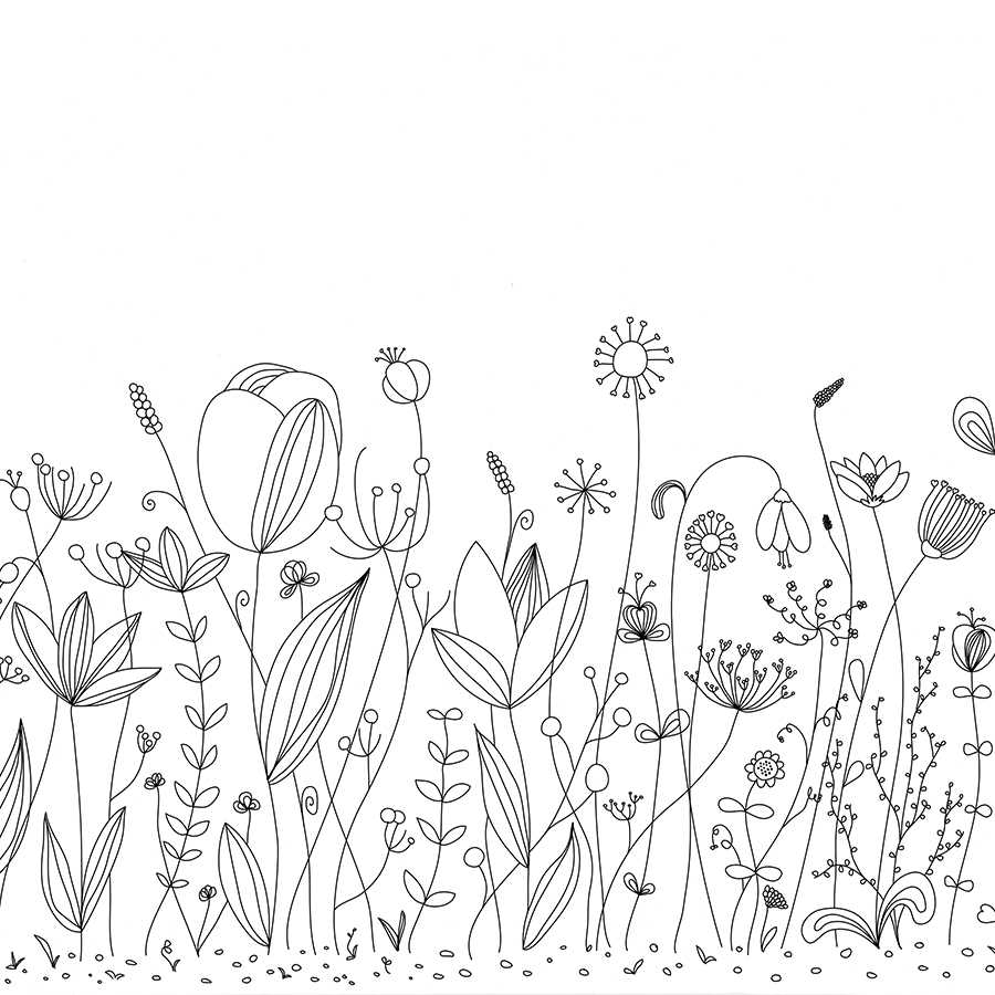 Kids mural with black and white drawn flowers on textured fleece
