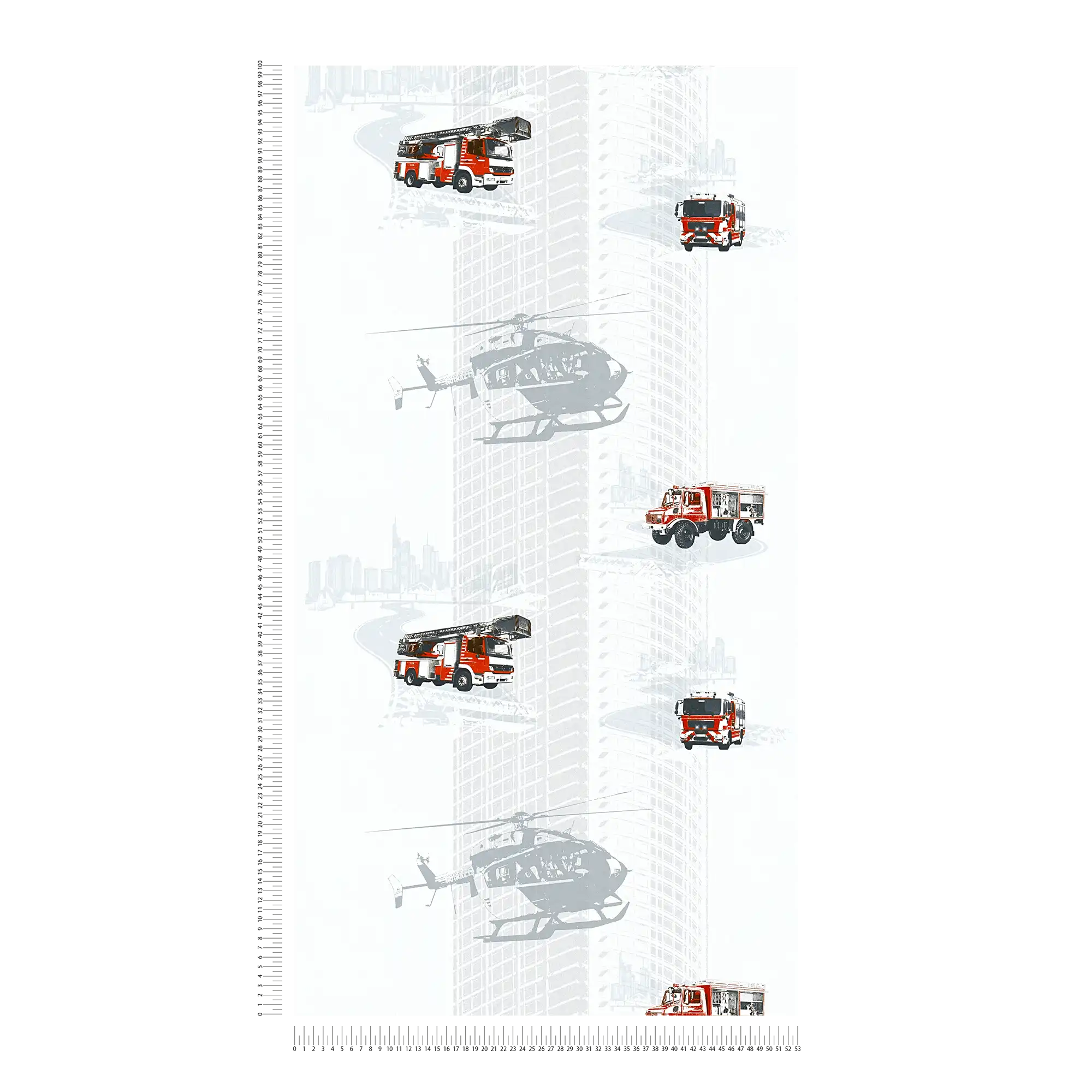             Kids room wallpaper fire department pattern for boys - grey, red, black
        