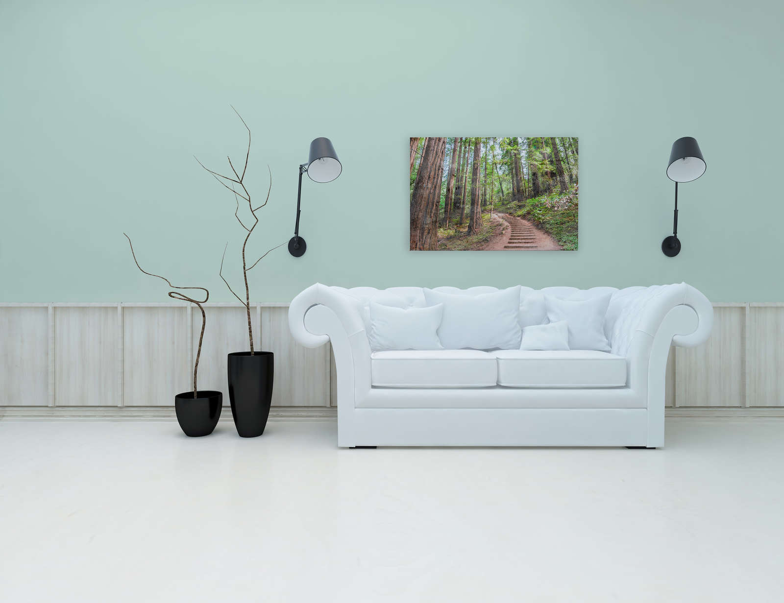             Canvas met houten trap door het bos | bruin, groen, blauw - 0.90 m x 0.60 m
        