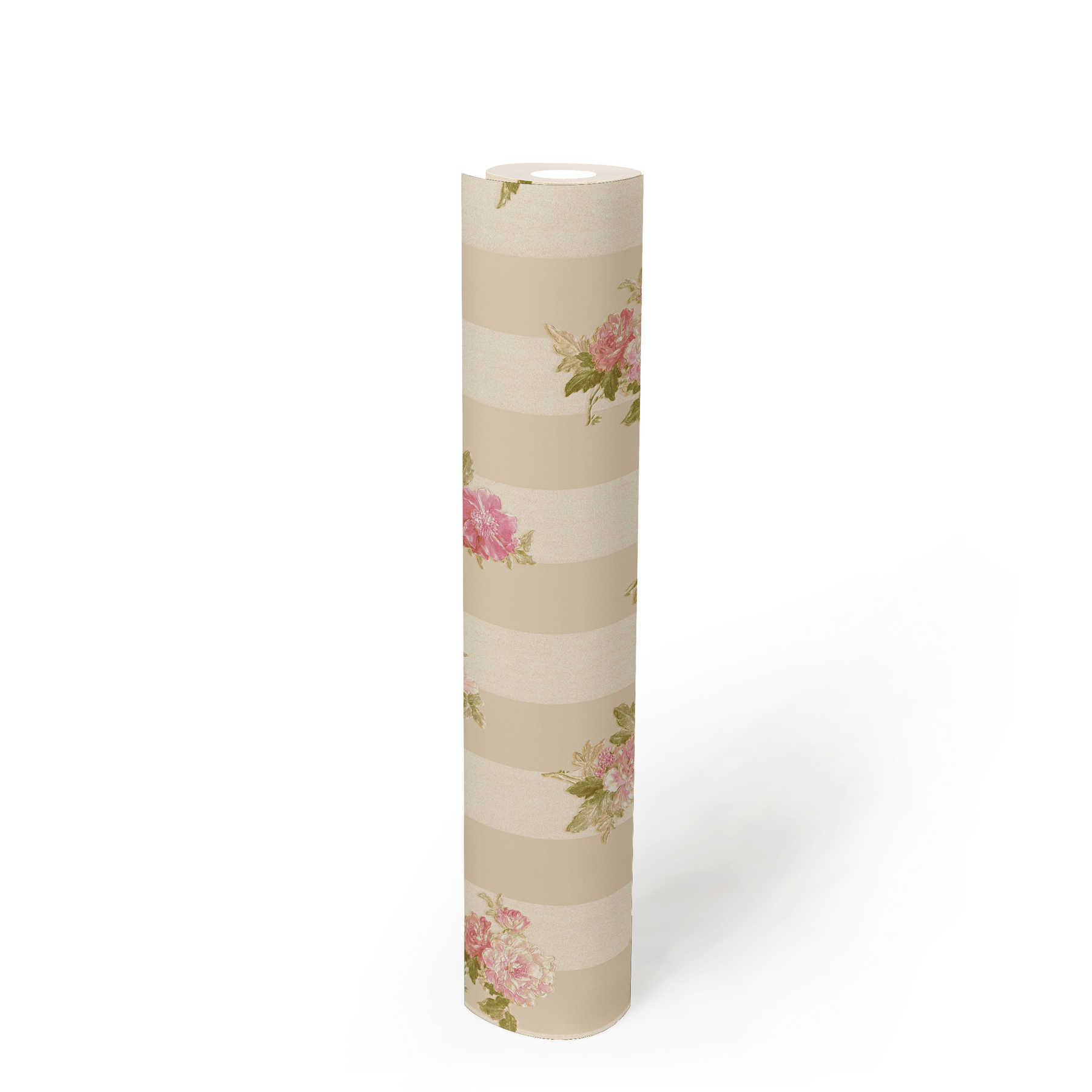             Non-woven wallpaper rose pattern & stripe design - cream, green, pink
        