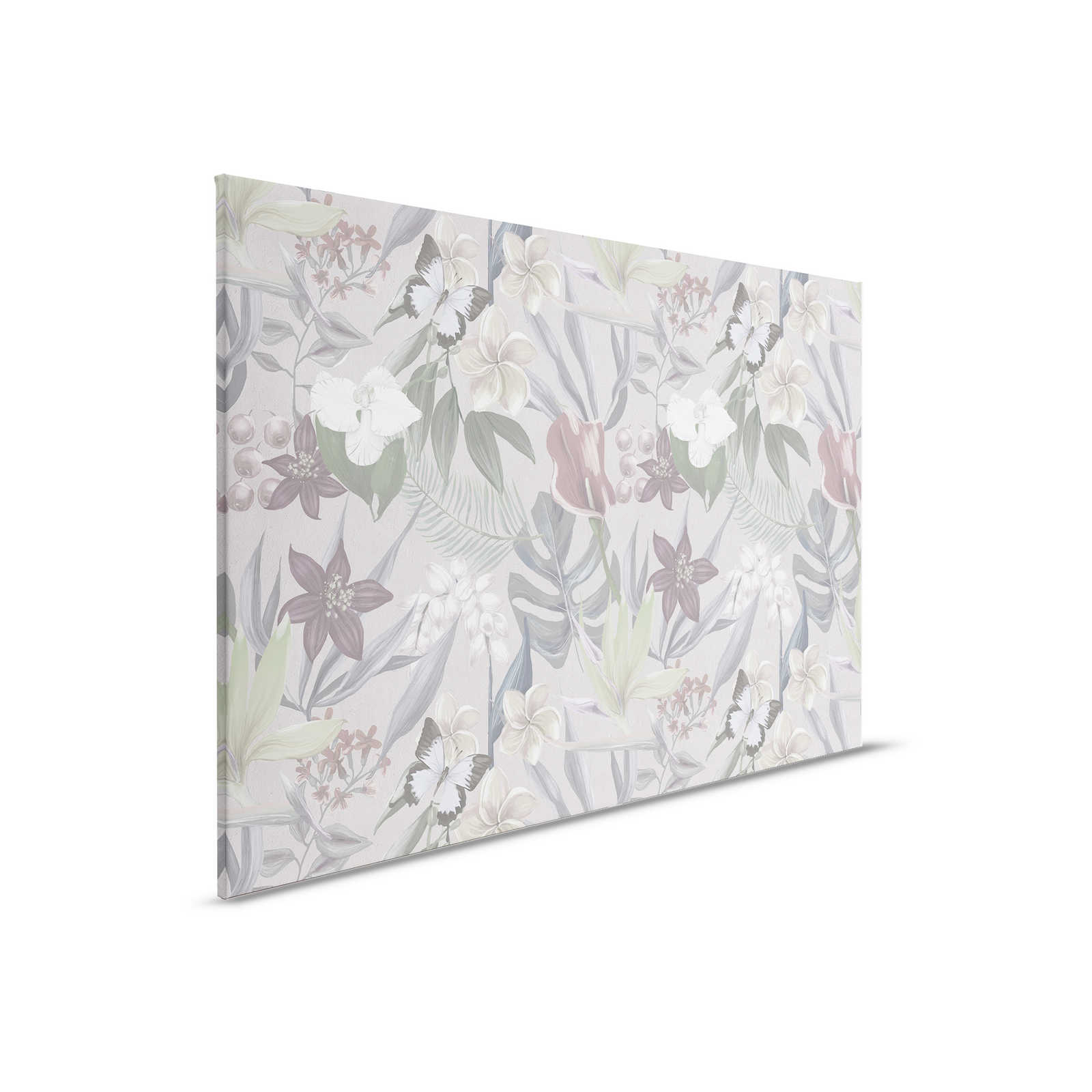 Pittura su tela Jungle floreale disegnata | grigio, bianco - 0,90 m x 0,60 m
