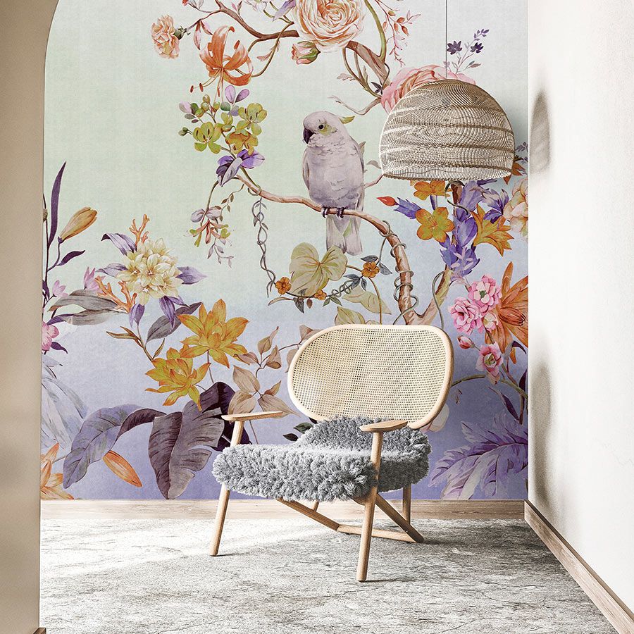 Photo wallpaper »paradise« - Bird & flowers with colour gradient and linen texture in the background - Colourful | Smooth, slightly pearlescent non-woven fabric
