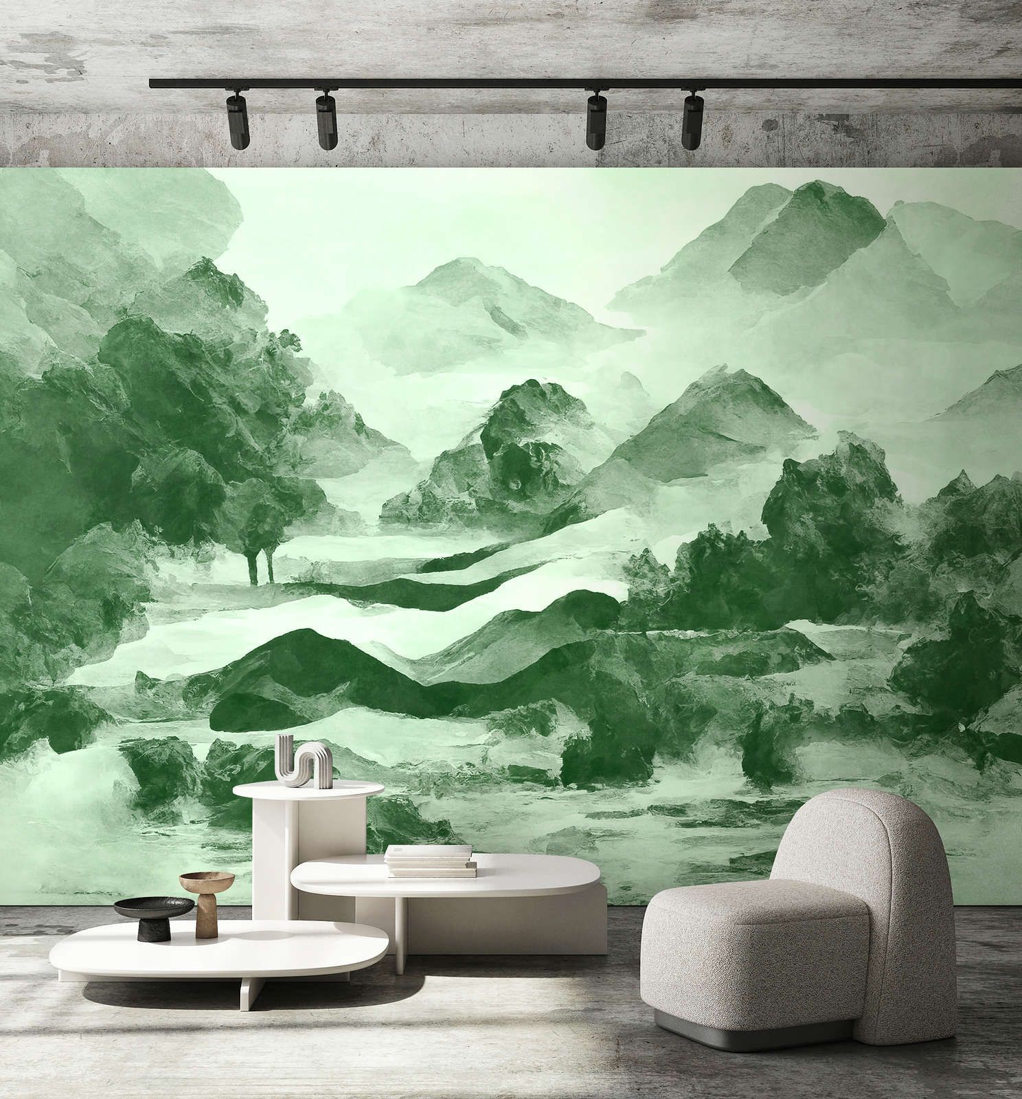             Photo wallpaper »tinterra 2« - Landscape with mountains & fog - Green | Smooth, slightly shiny premium non-woven fabric
        