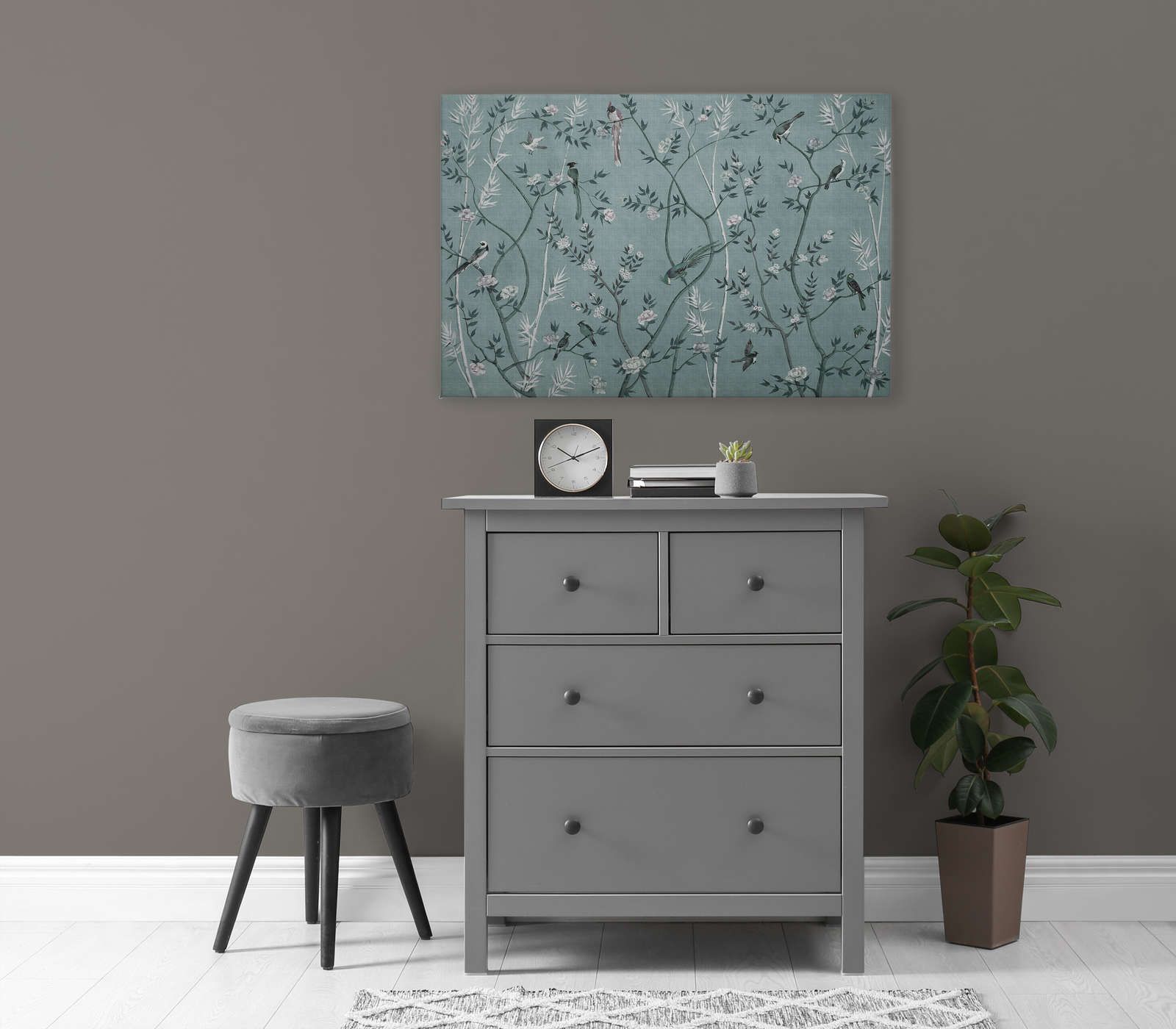             Tea Room 1 - Quadro su tela Birds & Flowers Design in Petrol & White - 0,90 m x 0,60 m
        