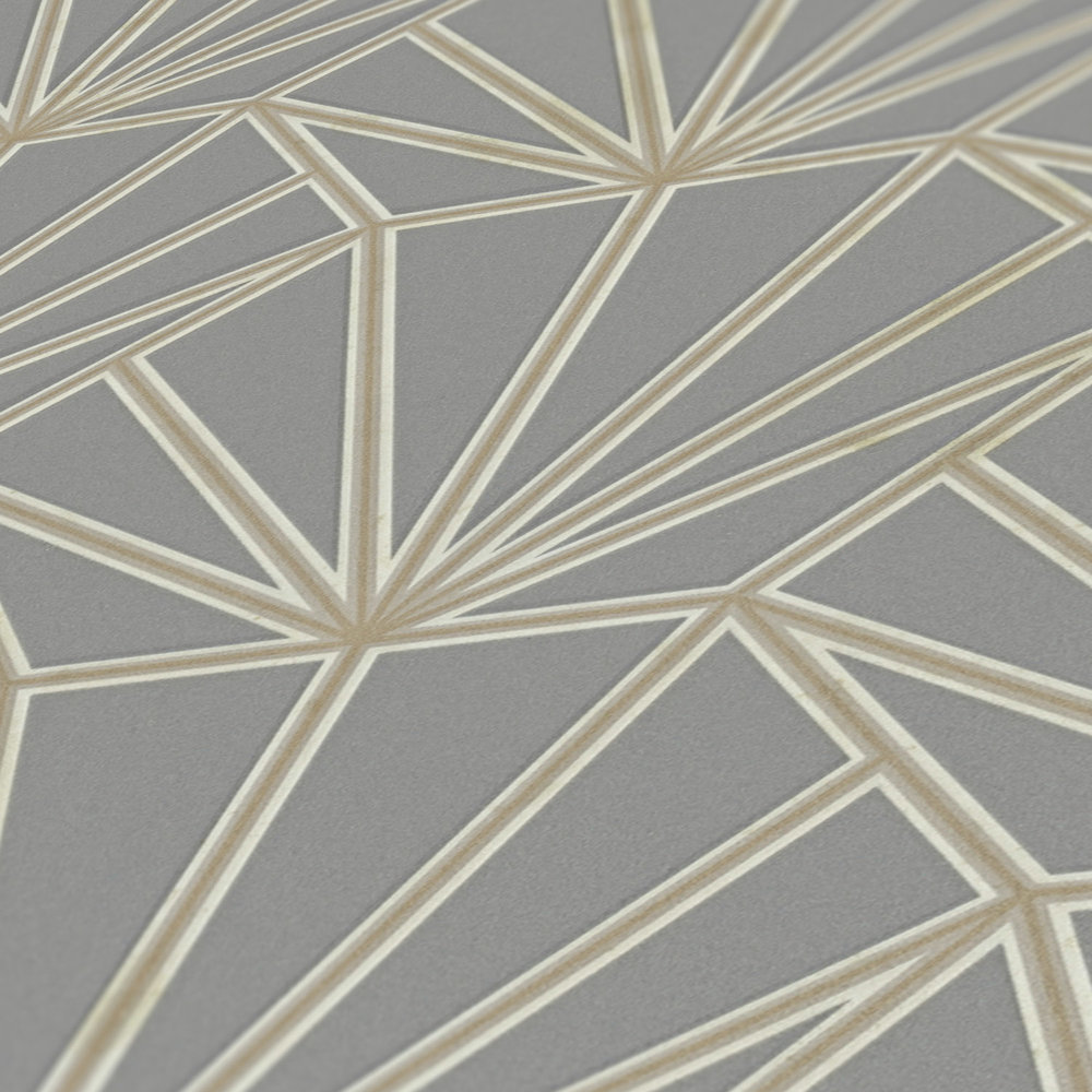             behangpapier art deco patroon en lijnmotief - grijs, goud, wit
        