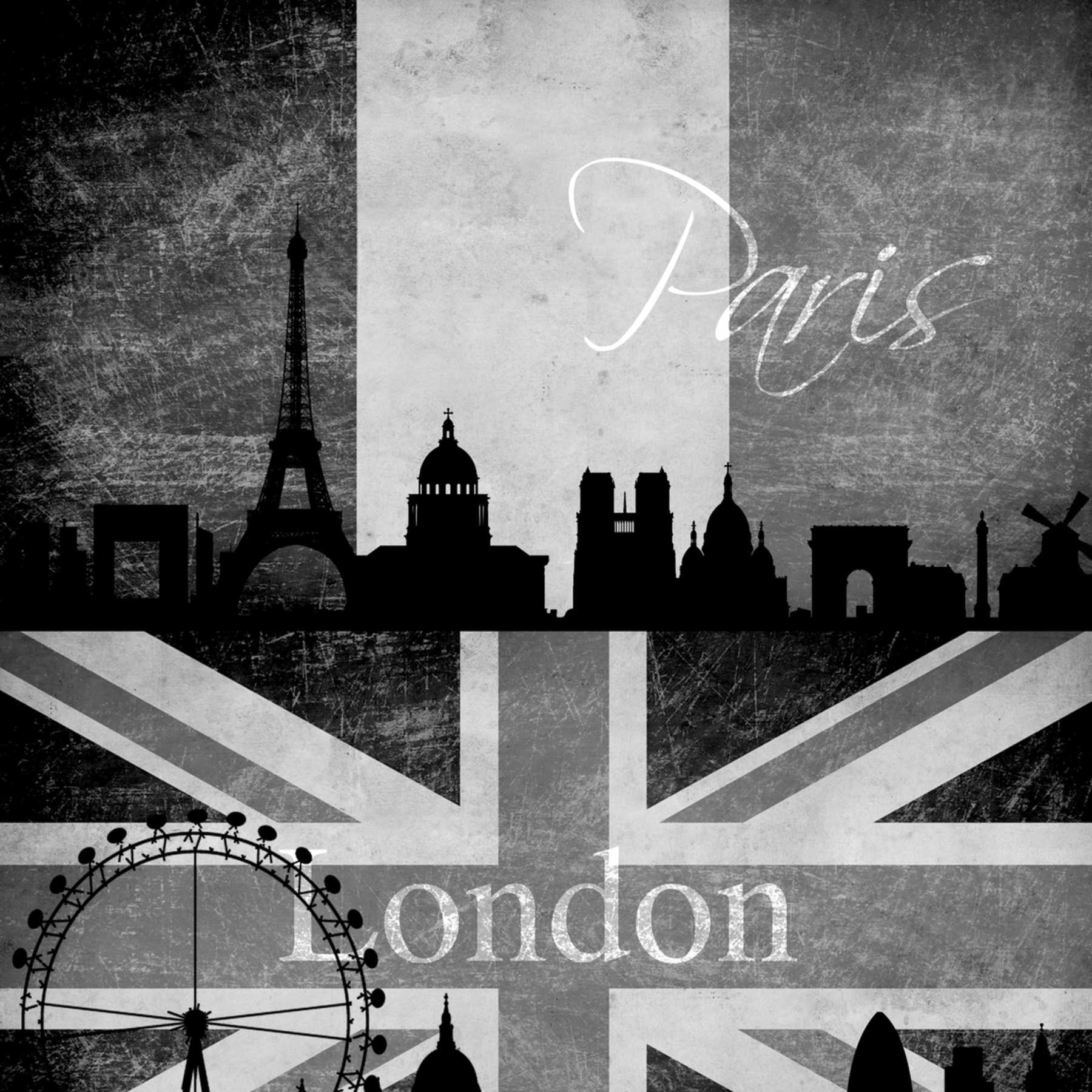             Behangpaneel Londen, New York & Parijs in retro look - zwart, wit
        