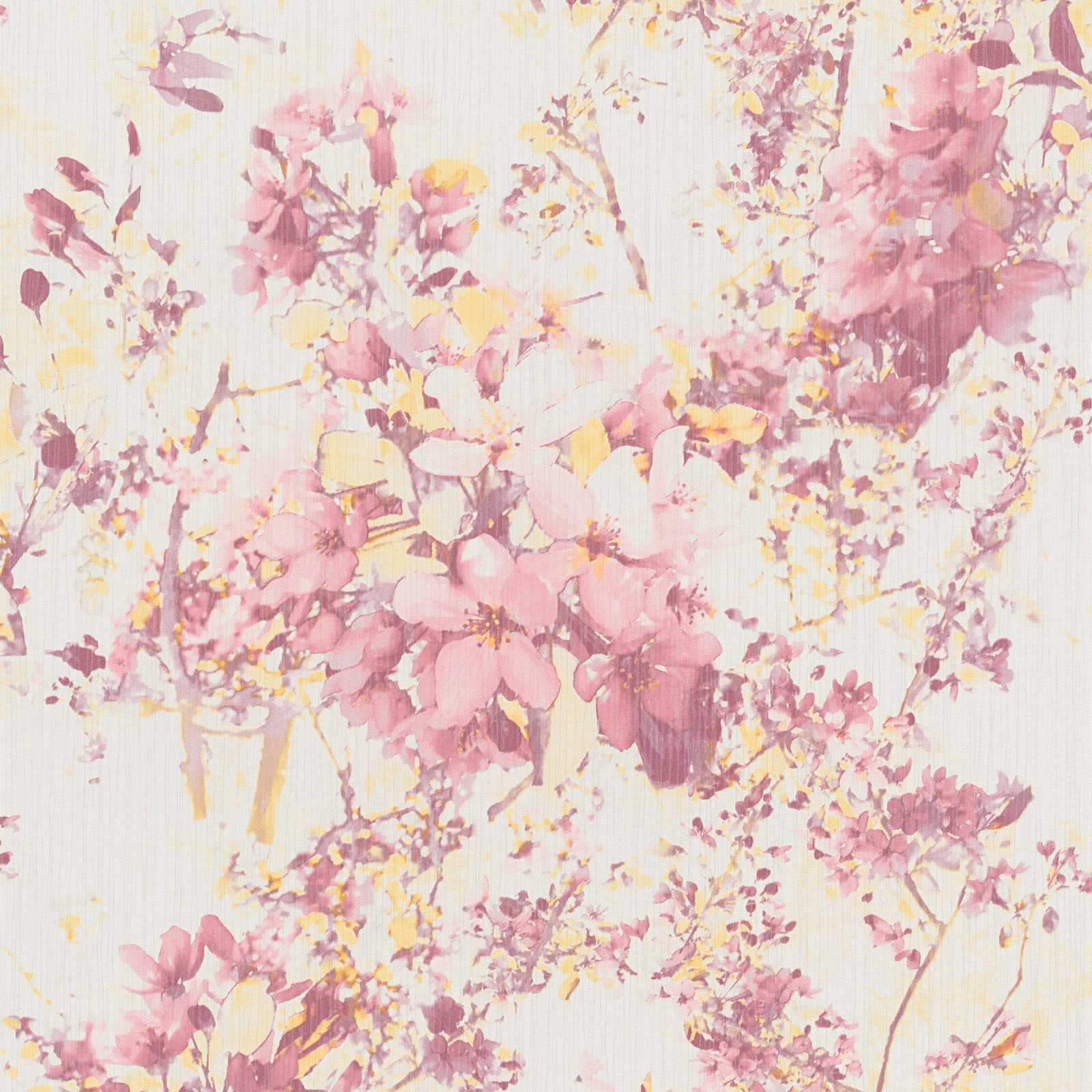Bloemen vliesbehang met bloemmotief - roze, geel
