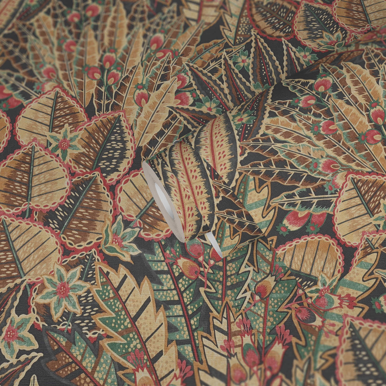             Papel pintado tejido-no tejido floral con motivo abstracto de hojas con toques rojos - marrón, rojo, negro
        