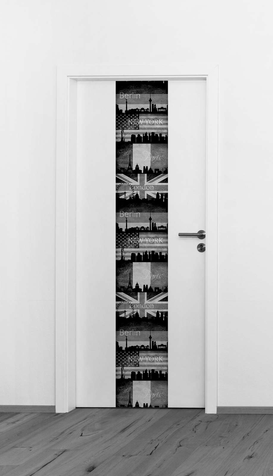             Panel de papel pintado Londres, Nueva York y París con aspecto retro - blanco y negro
        