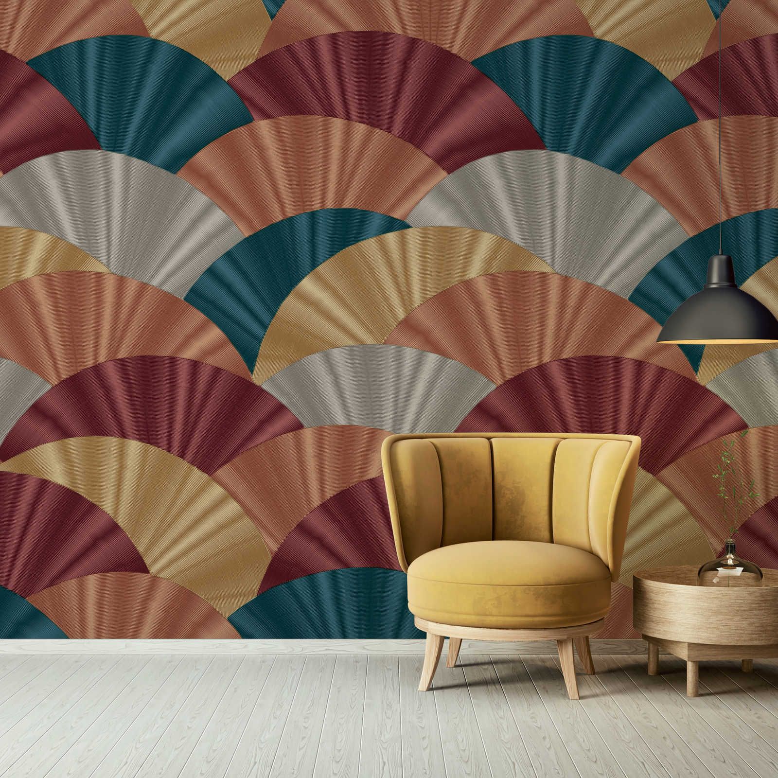 Colourful non-woven wallpaper with large fan pattern - multicoloured, red, turquoise
