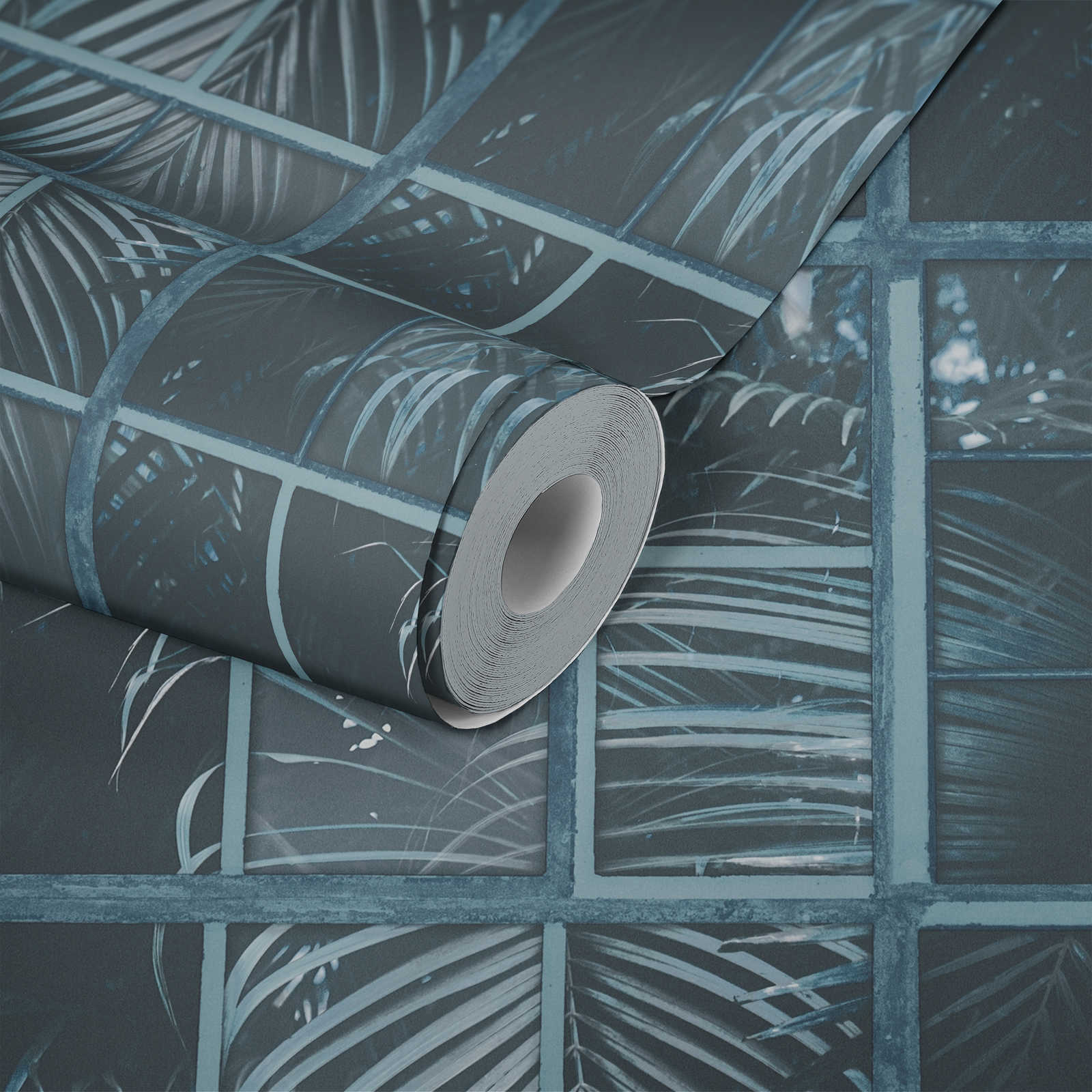             Papier peint Fenêtre avec vue sur la jungle & effet 3D - bleu, noir
        