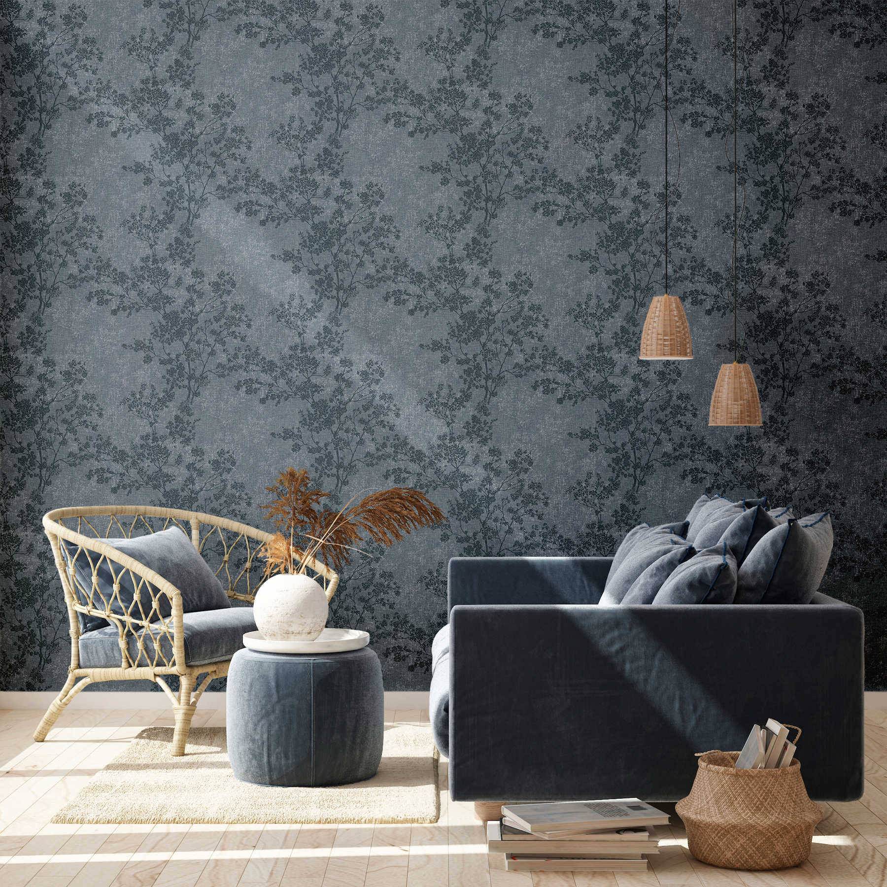             wallpaper leaves pattern in linen look - blue
        