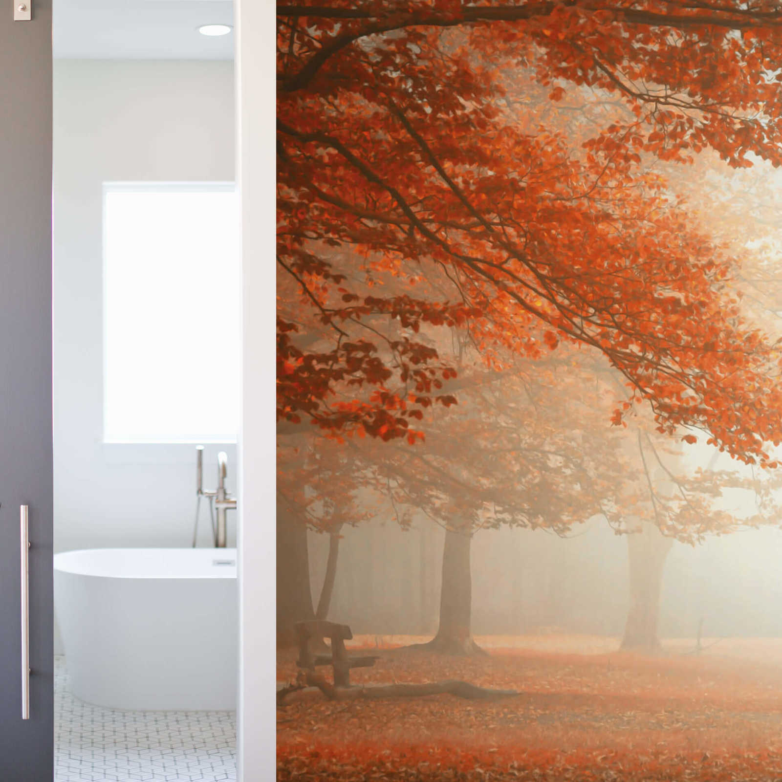             Papier peint panoramique Parc en automne avec brouillard - orange, marron
        