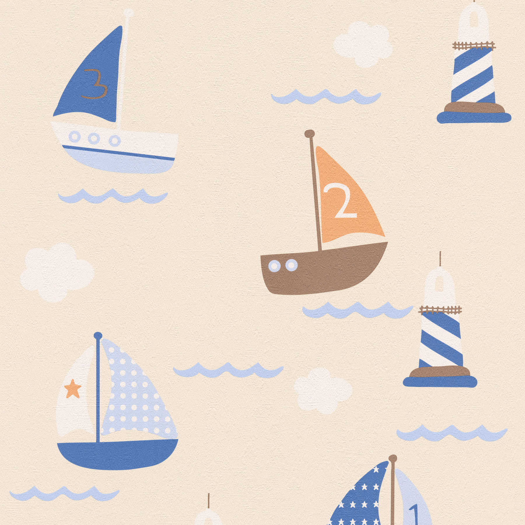 Kids room wallpaper with ship, boat & lighthouse - blue, beige
