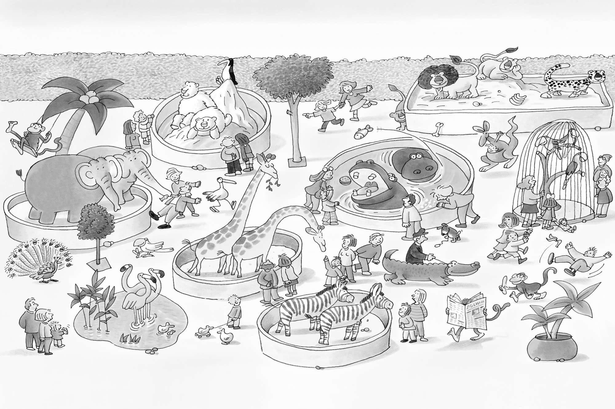             Kids mural zoo drawing in black white on mother of pearl smooth non-woven
        