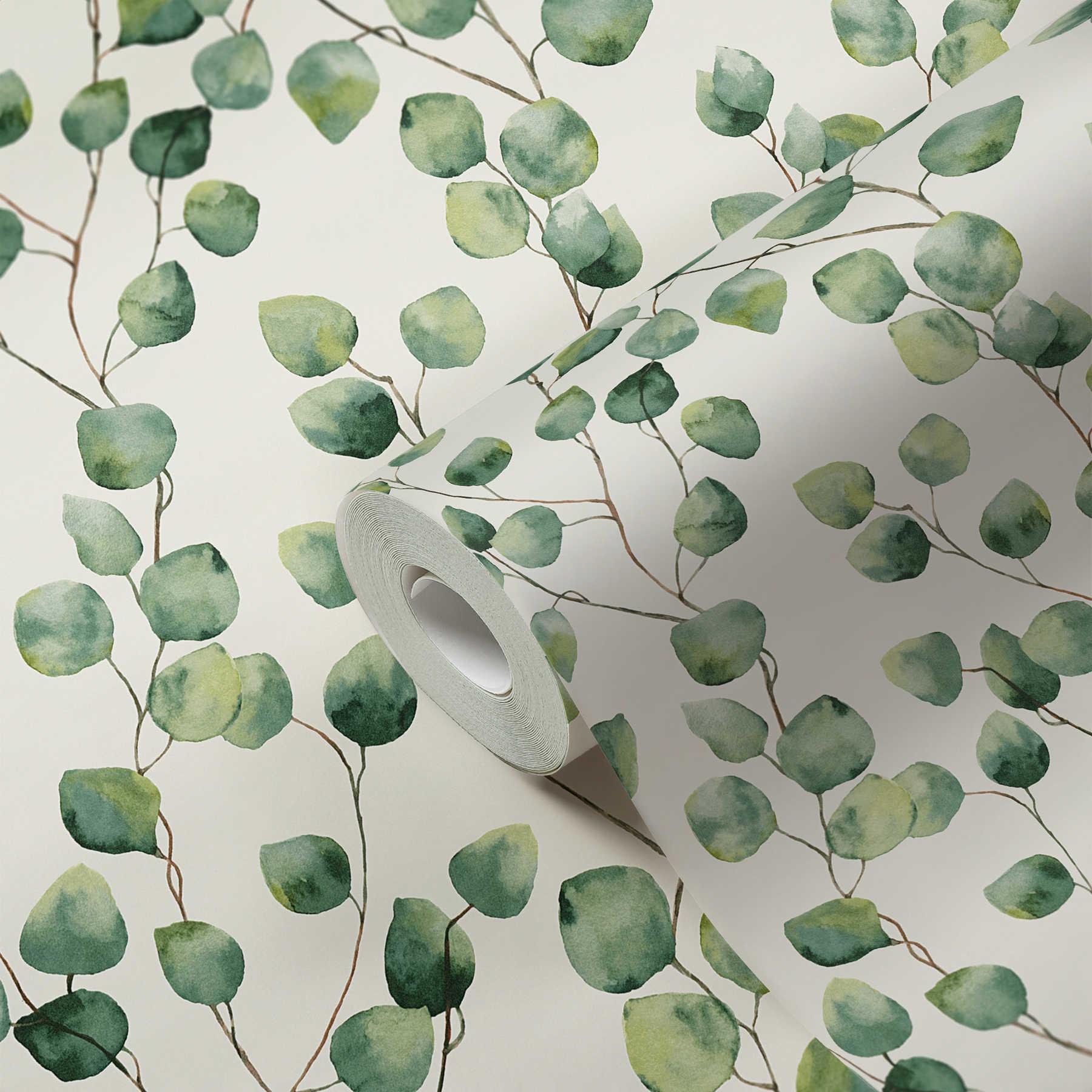             Carta da parati in stile acquerello "Tendini di foglie" - verde, bianco
        