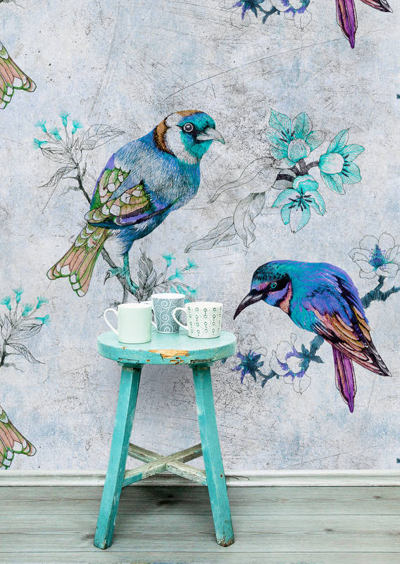             Love birds 1 - Papier peint motif oiseaux style dessin à texture rayée - bleu, gris | Intissé lisse mat
        