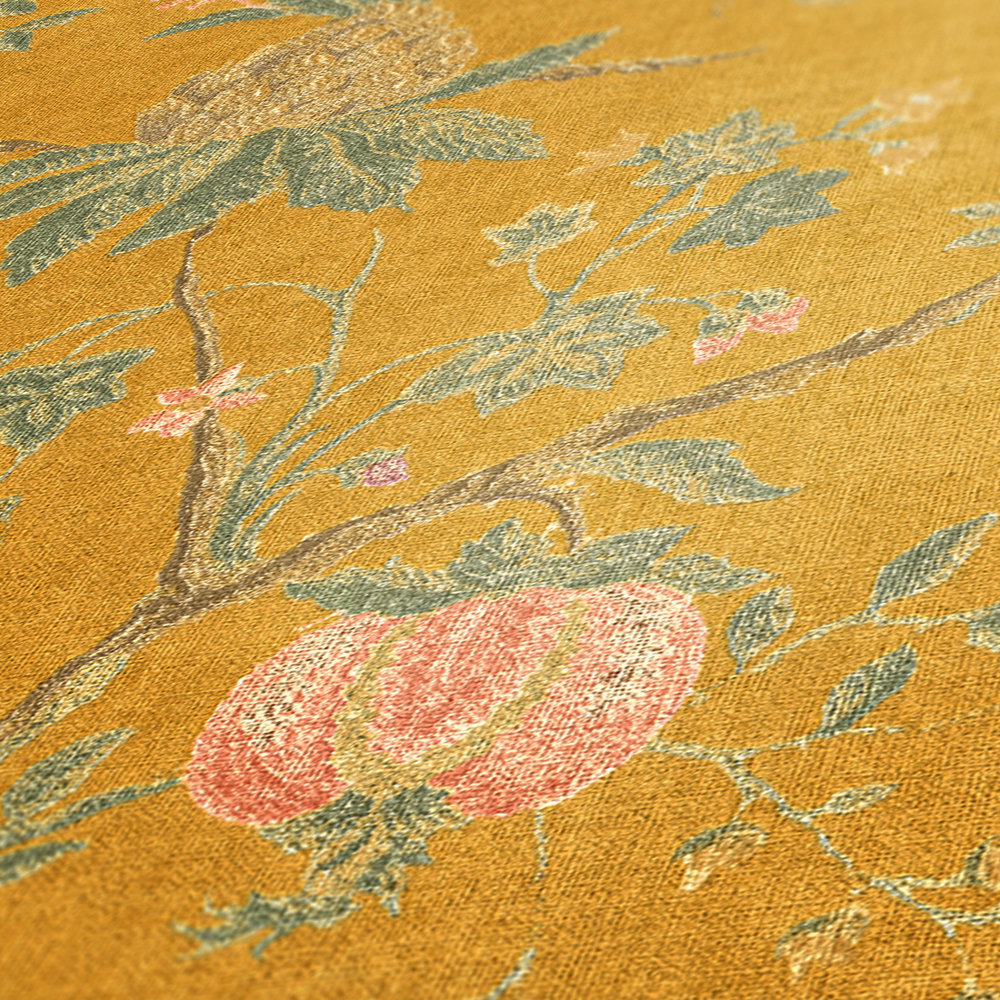            Papier peint vintage motif floral & aspect lin - jaune
        