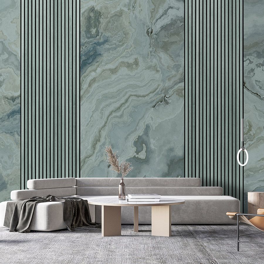 Photo wallpaper »travertino 1« - Panels & Marble - Petrol | Smooth, slightly pearlescent non-woven fabric
