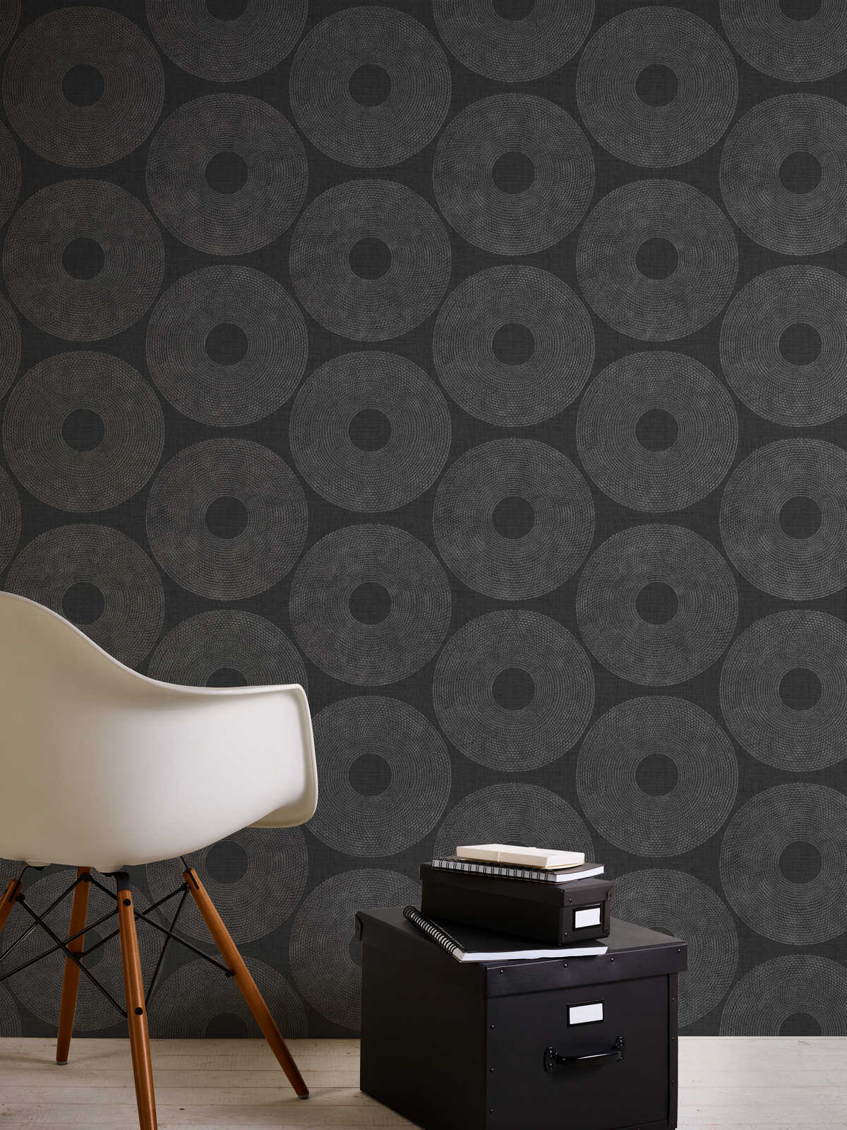             Ethno wallpaper circles with structure design - grey, metallic
        