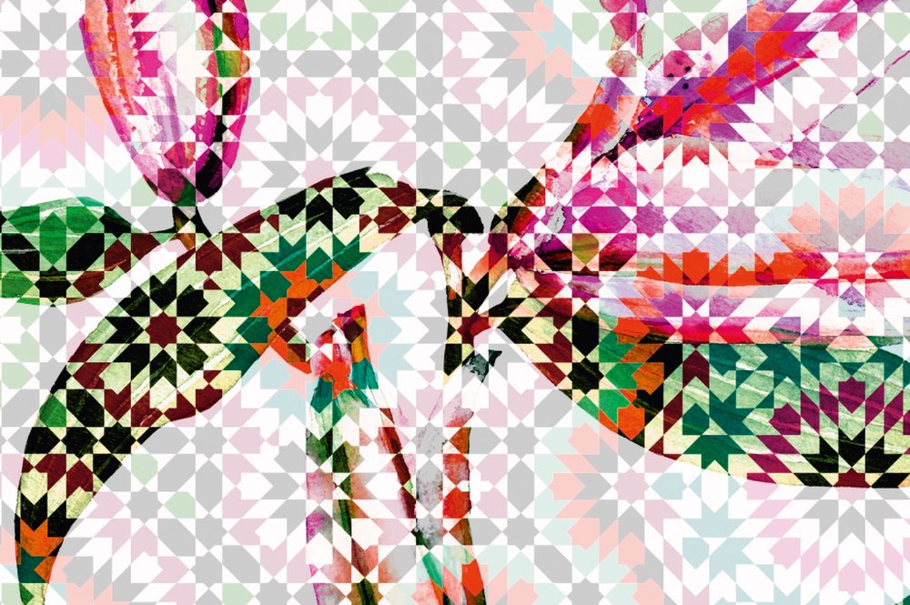             Fotomurali Gigli con design a mosaico colorato - Rosa, Verde
        