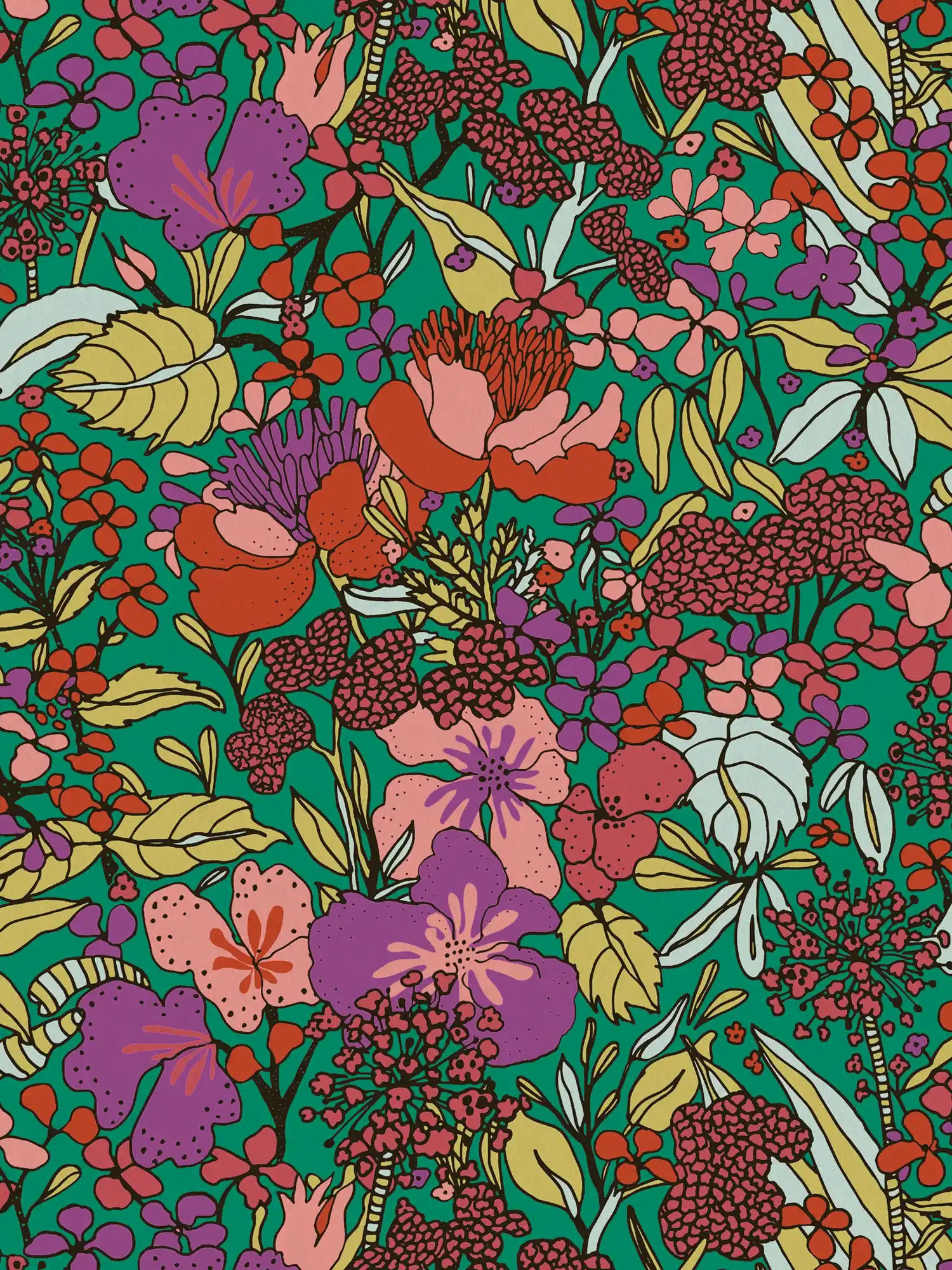 Papier peint motif floral multicolore style Colour Block - multicolore, vert, rouge

