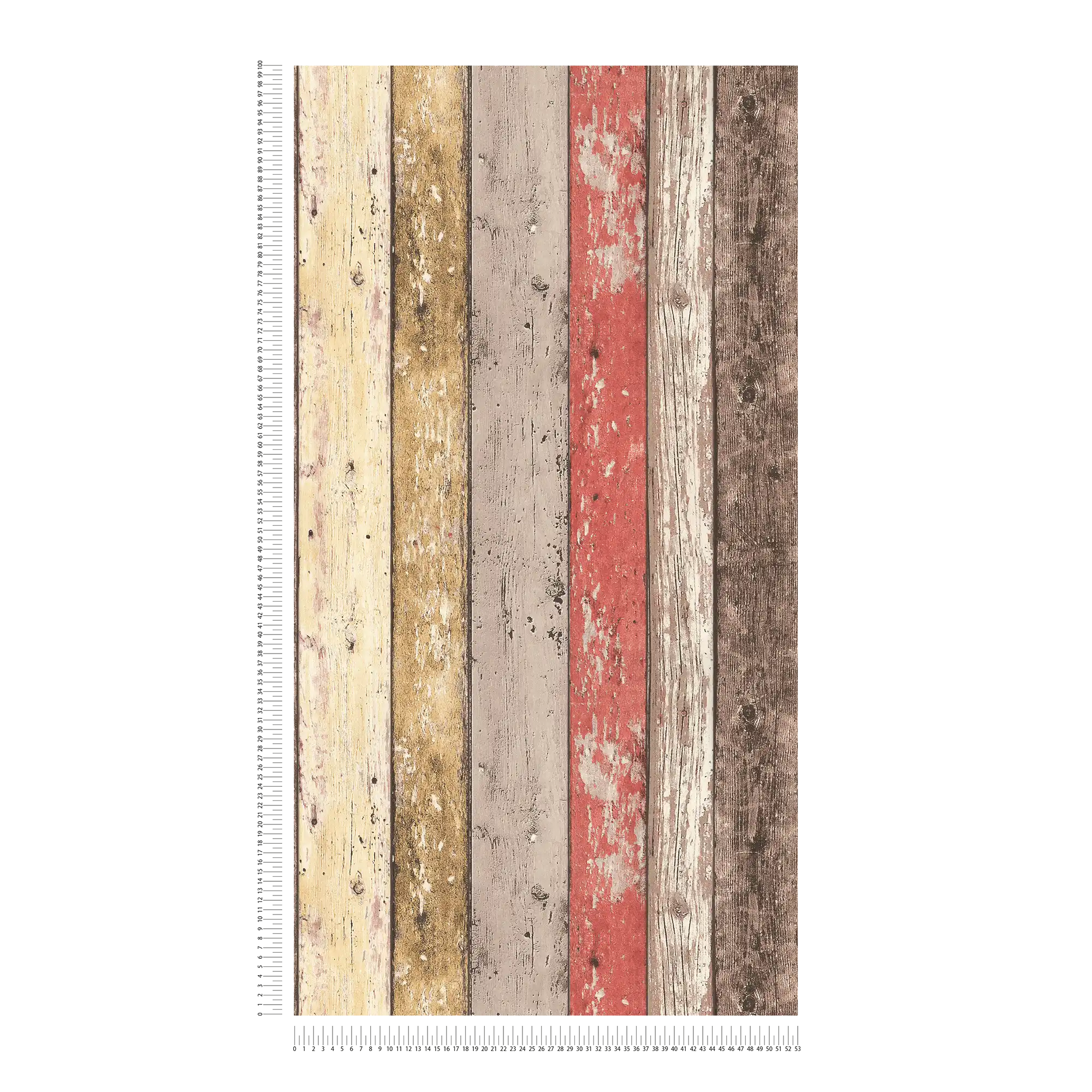             Carta da parati in legno con aspetto usato per lo stile vintage e country - marrone, rosso, beige
        