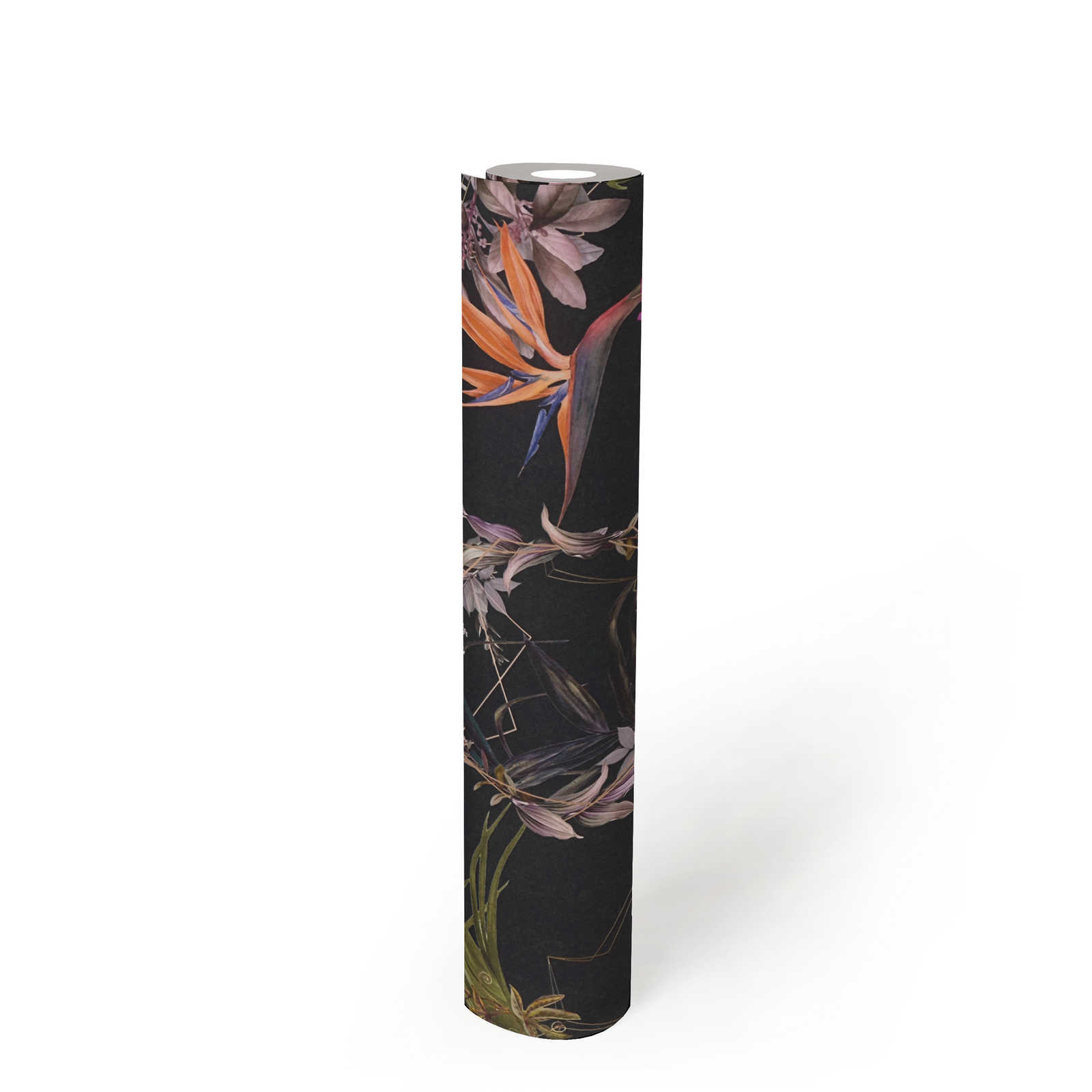             Donker bloemenbehang Hibiscus & Bladeren - Kleurrijk, Zwart
        