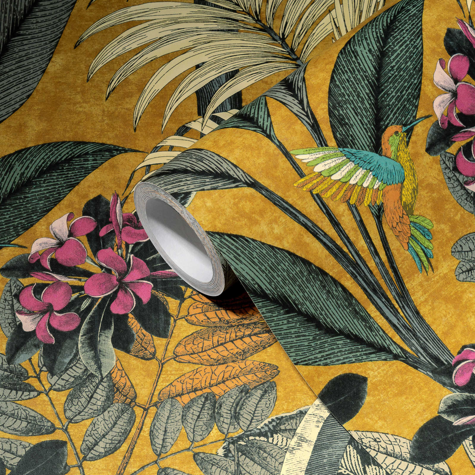             Mustard yellow wallpaper with tropical leaves and flowers pattern
        