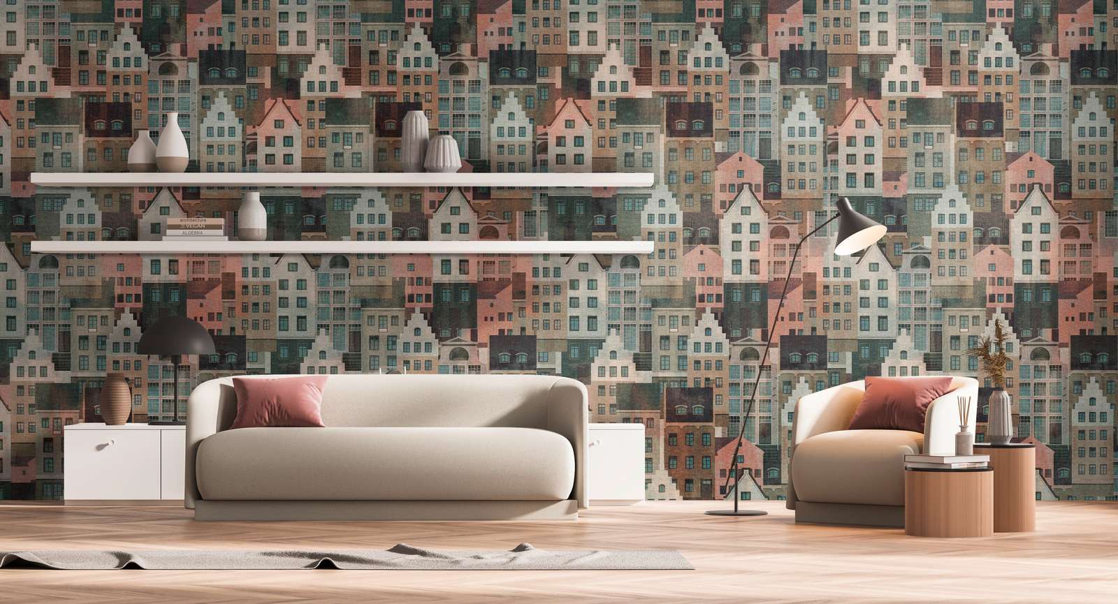             Wallpaper with striking houses pattern - colourful, blue, pink
        